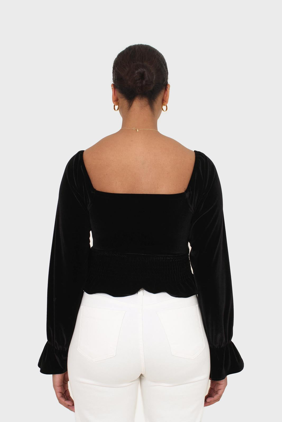 Black velvet smocked crop off shoulder top_2