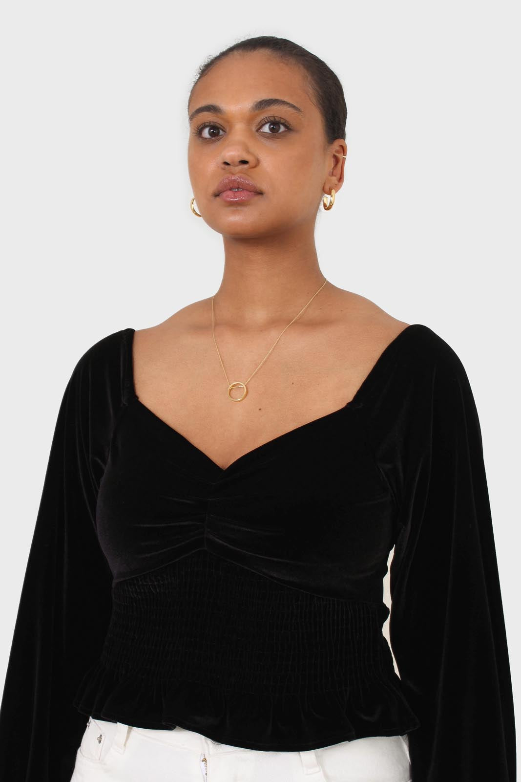 Black velvet smocked crop off shoulder top_7