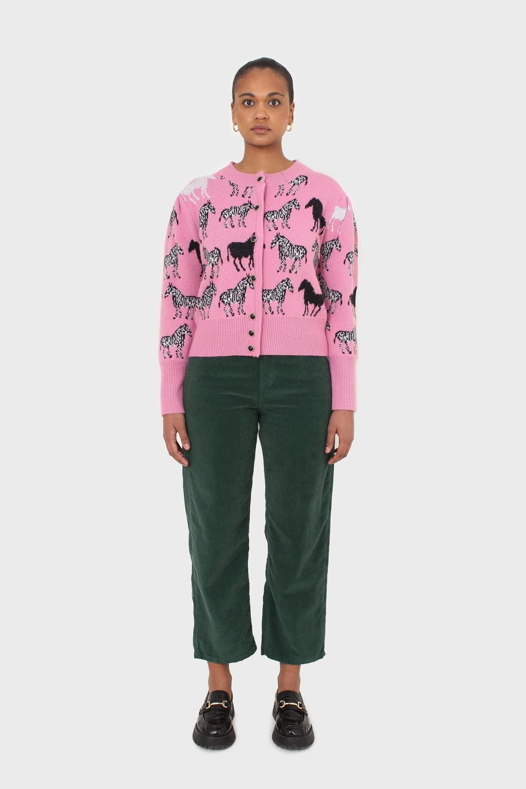 Pink zebra intarsia puff sleeved cardigan_4