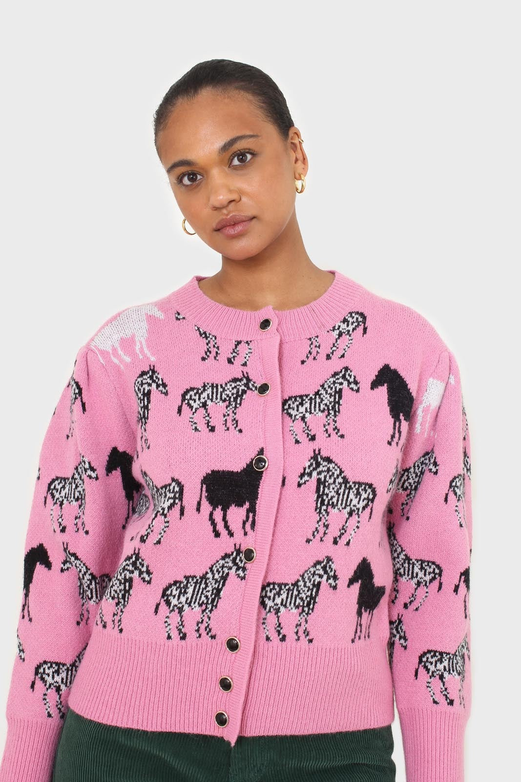 Pink zebra intarsia puff sleeved cardigan_2