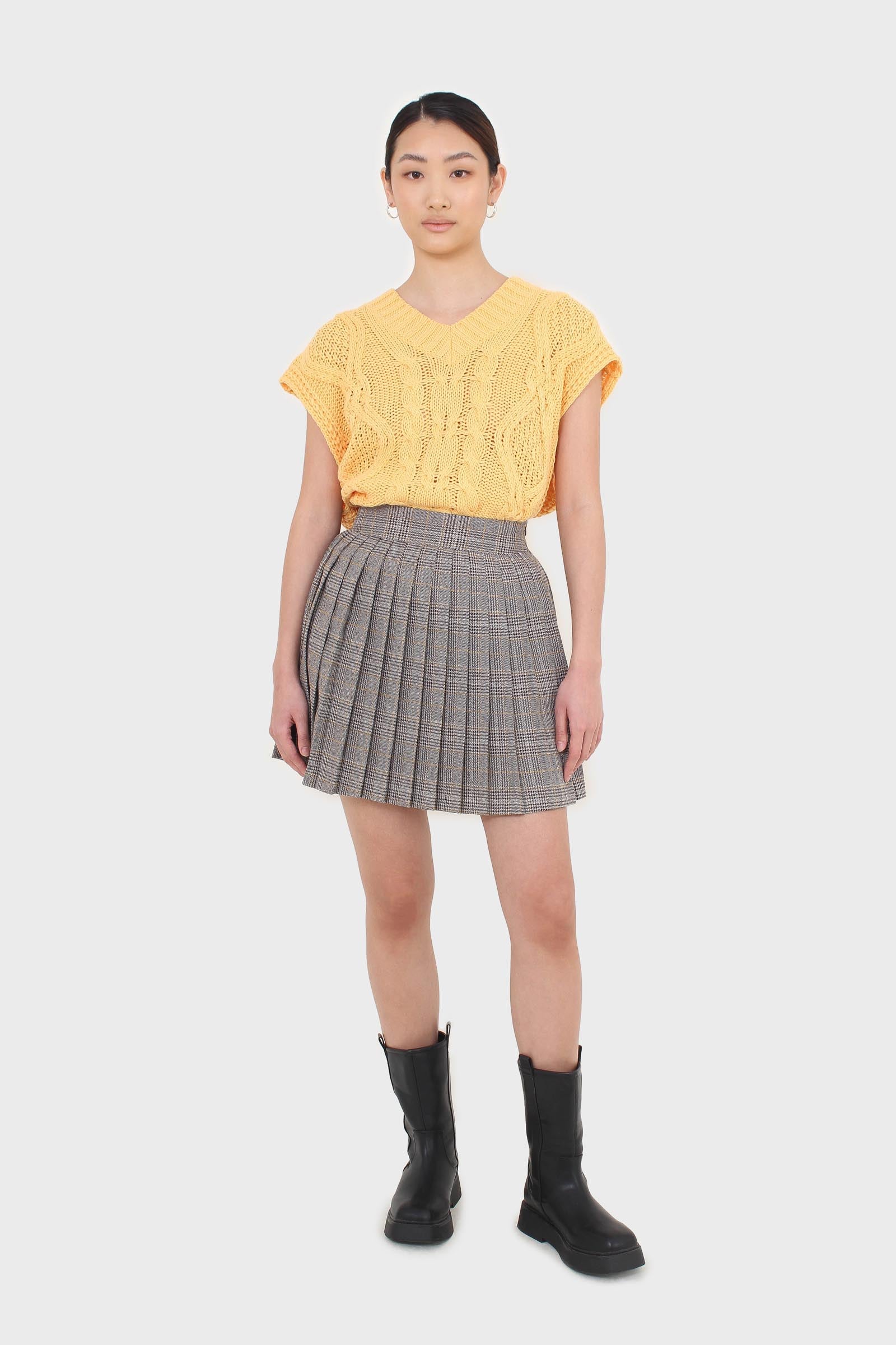 Grey and yellow checked pleated mini skirt_1