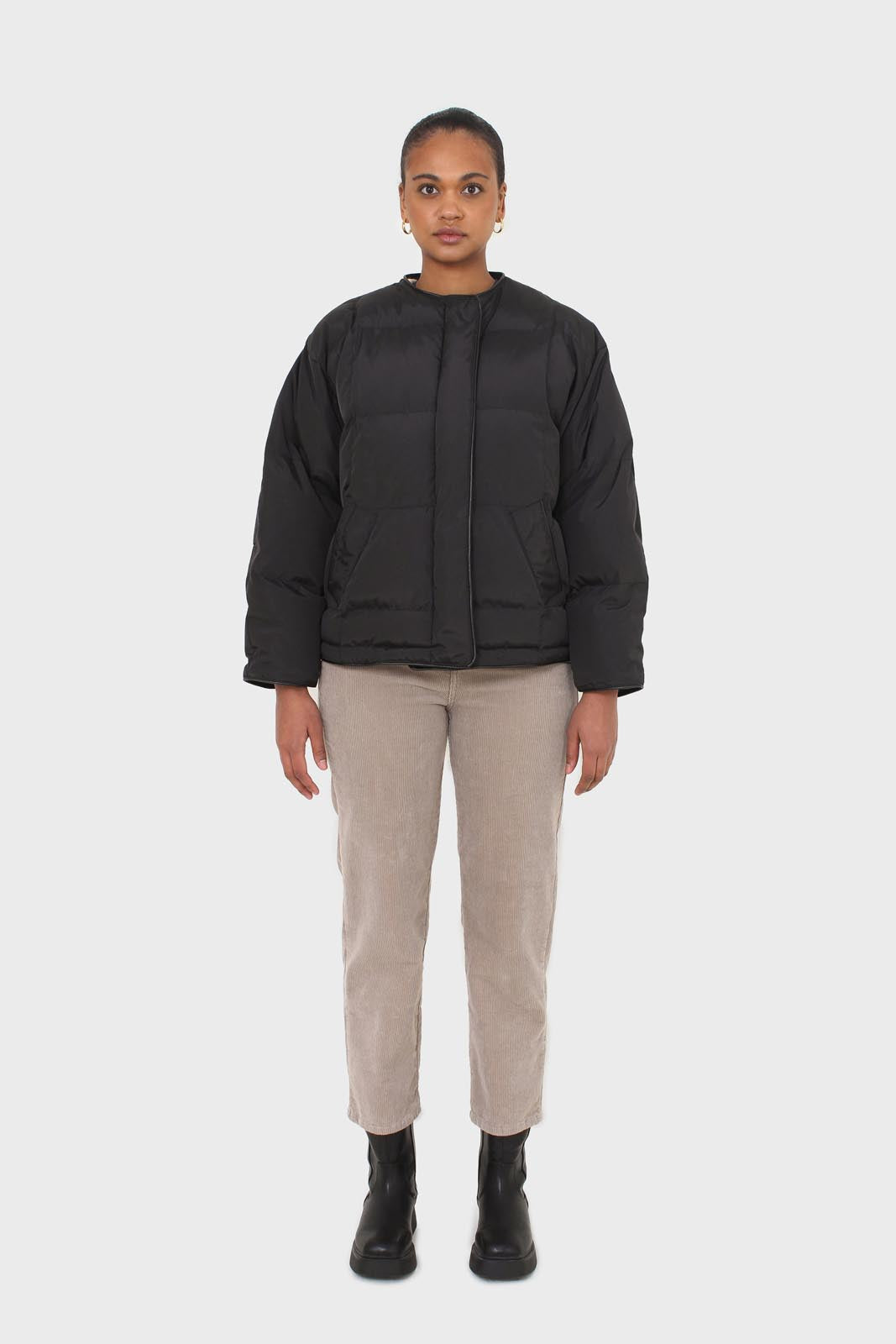 Black vegan leather trim puffer jacket_7