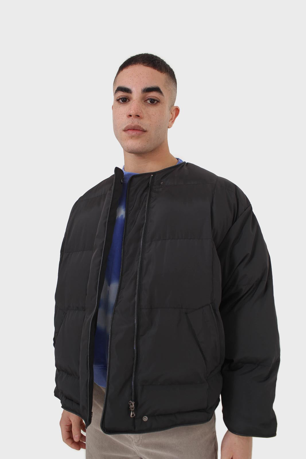 Black vegan leather trim puffer jacket_3