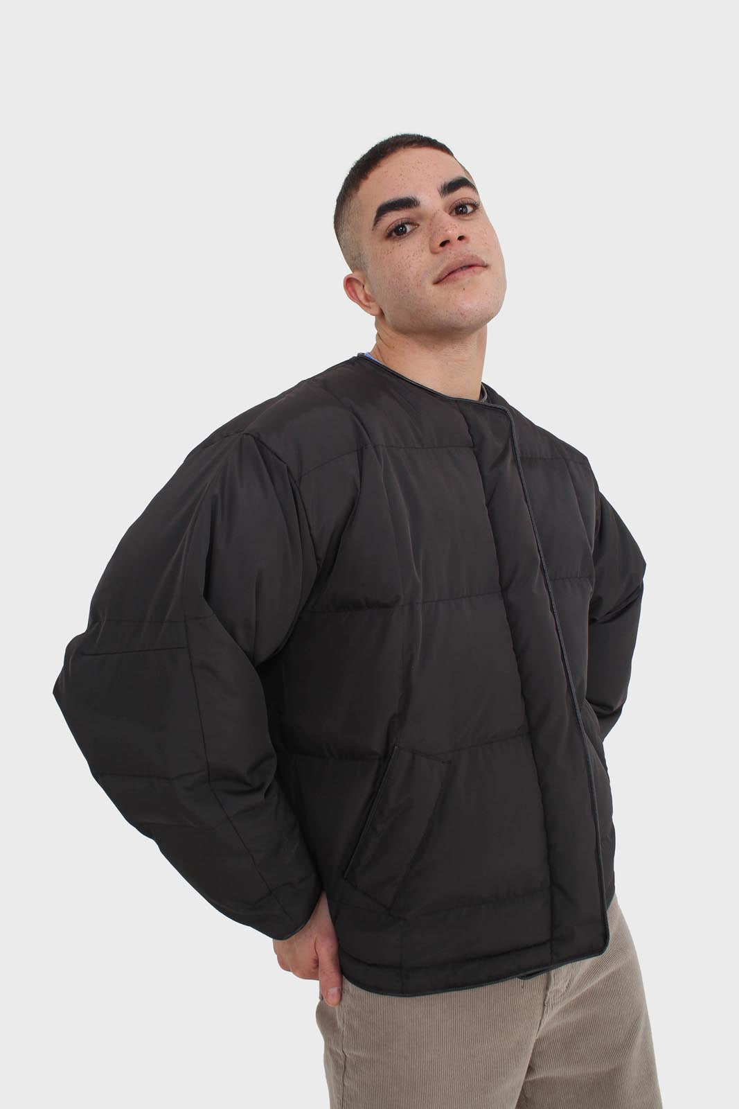 Black vegan leather trim puffer jacket_1