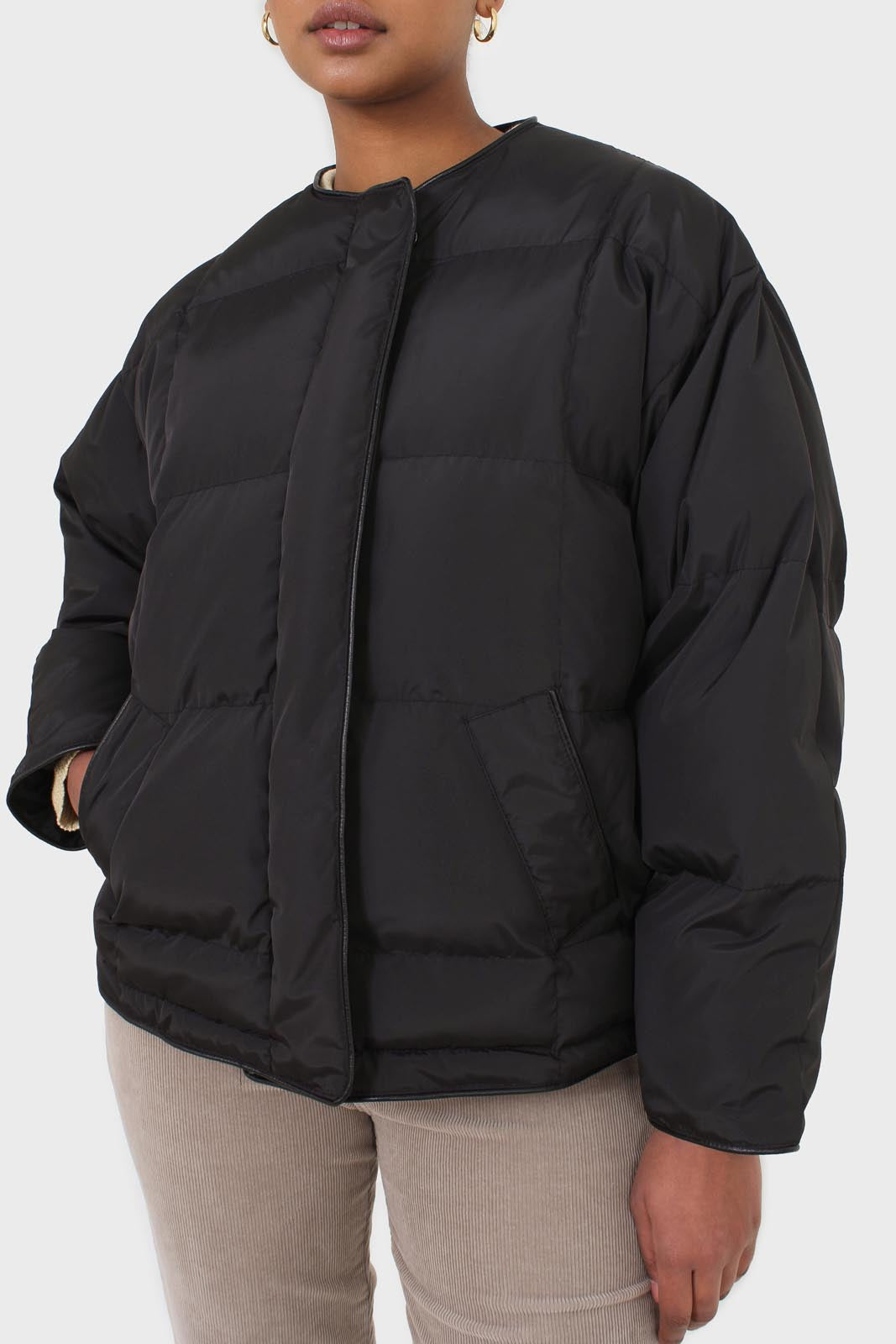 Black vegan leather trim puffer jacket_11