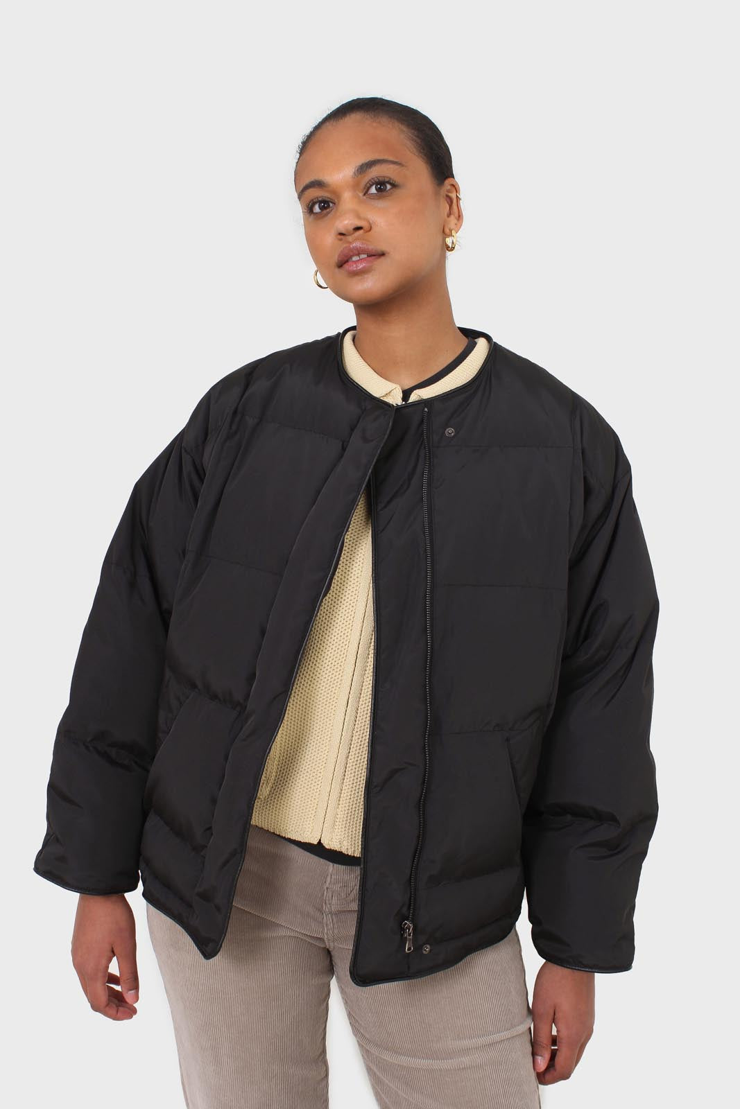 Black vegan leather trim puffer jacket_6