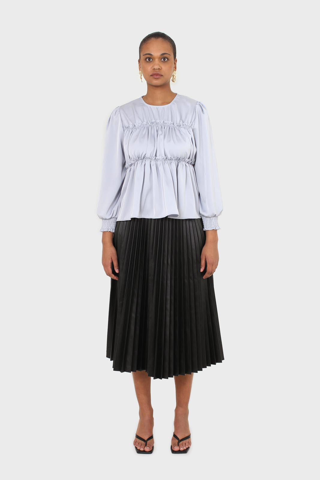 Light blue shirring panel silky blouse_3