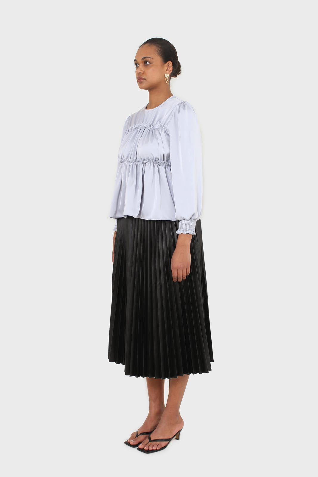 Light blue shirring panel silky blouse_5