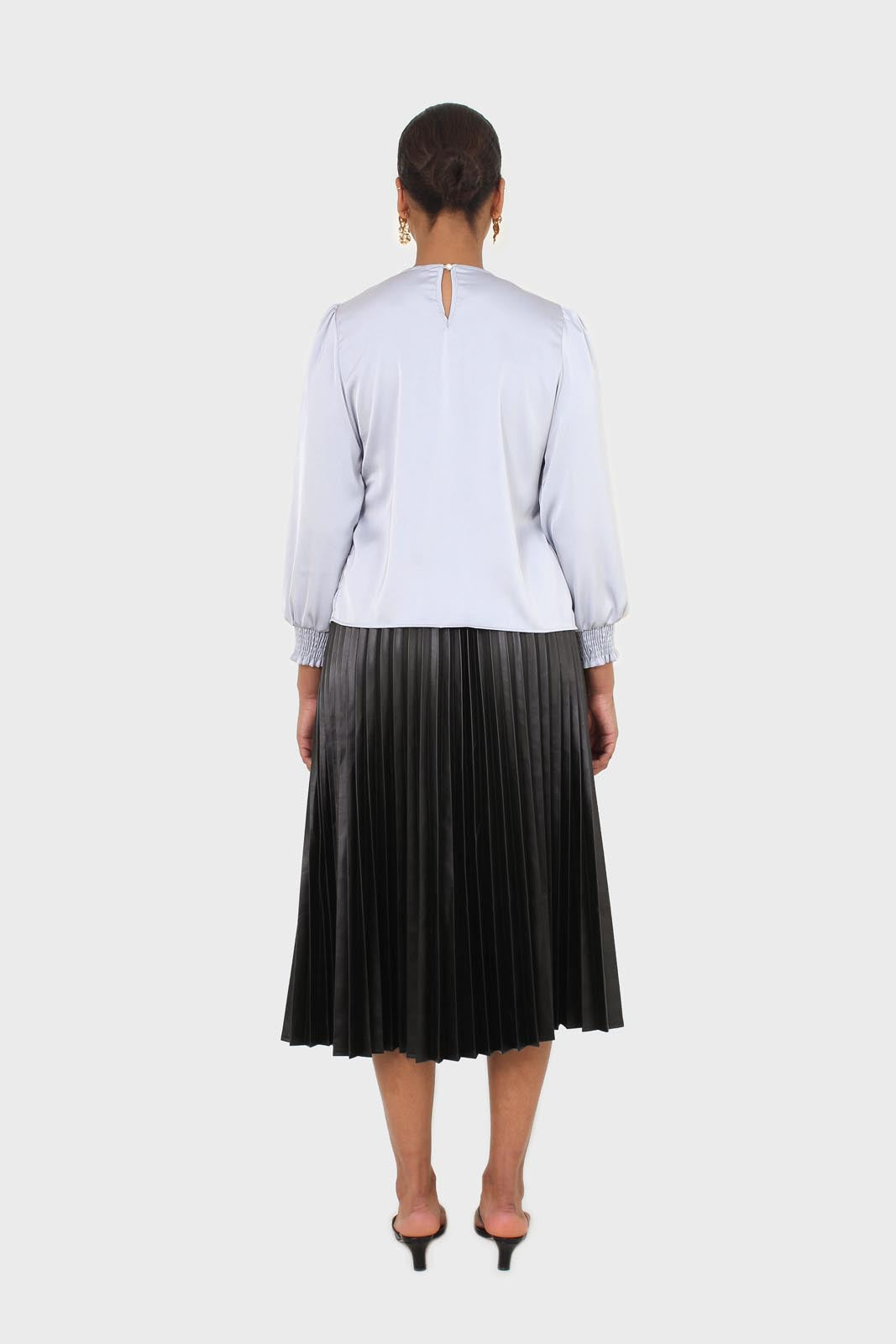 Light blue shirring panel silky blouse_6