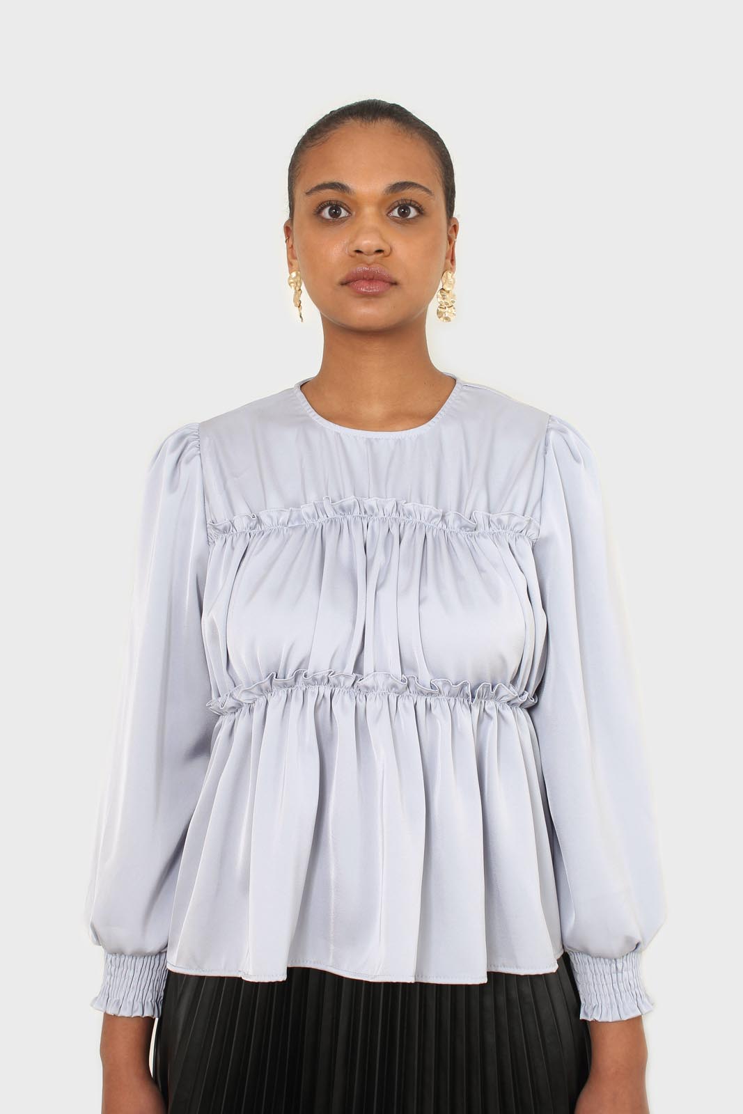 Light blue shirring panel silky blouse_7