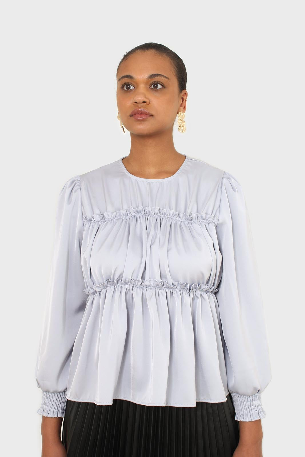 Light blue shirring panel silky blouse_1