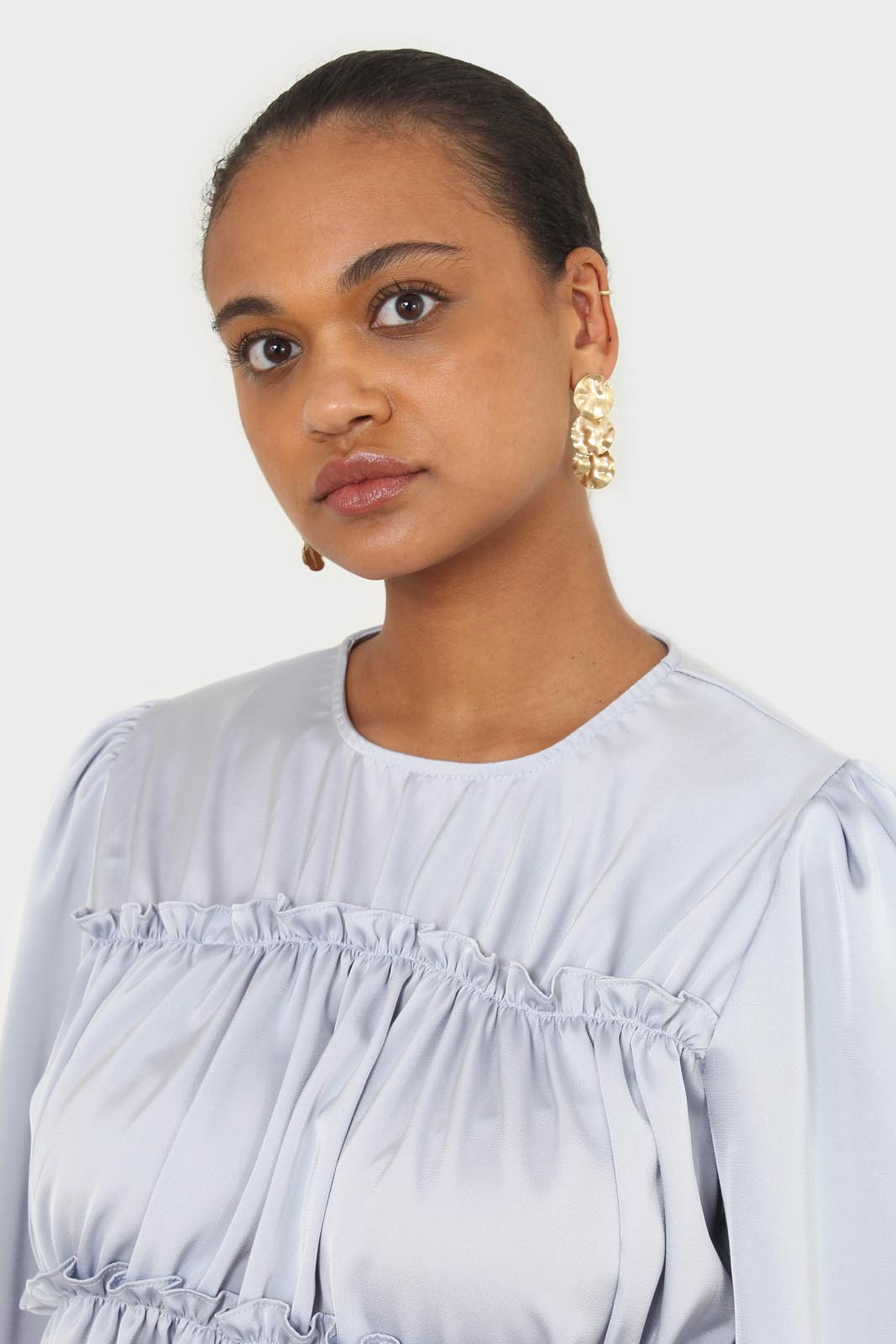 Light blue shirring panel silky blouse_2