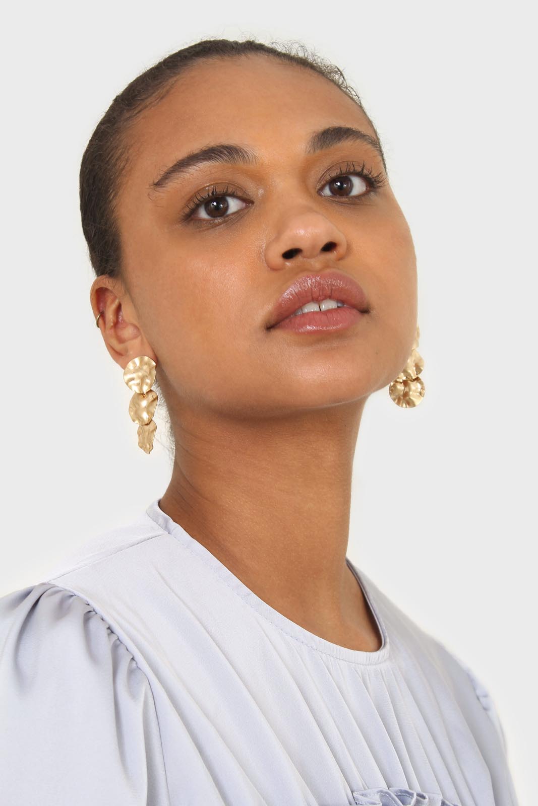 Light blue shirring panel silky blouse_8