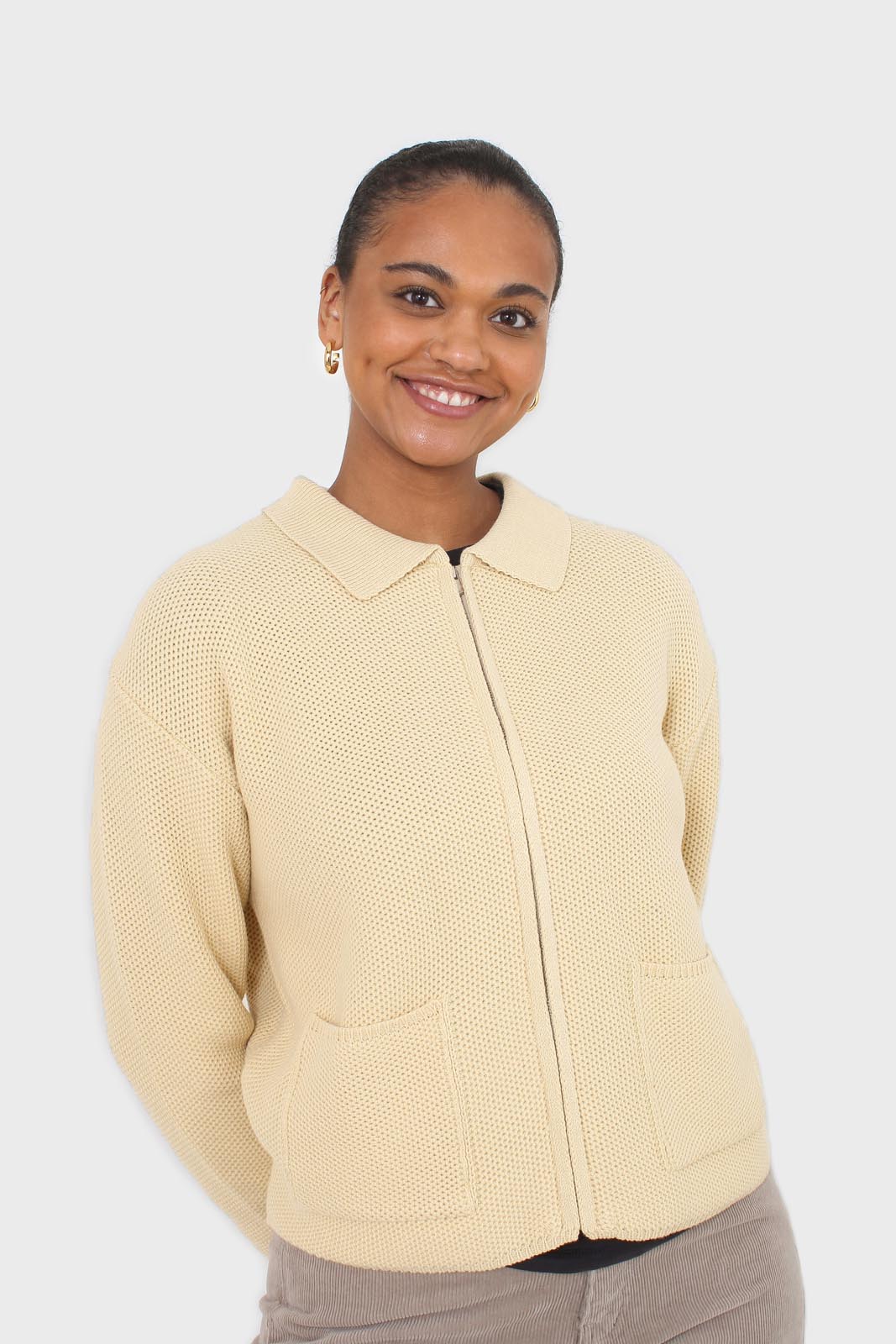 Pale yellow waffle zip up cardigan_1