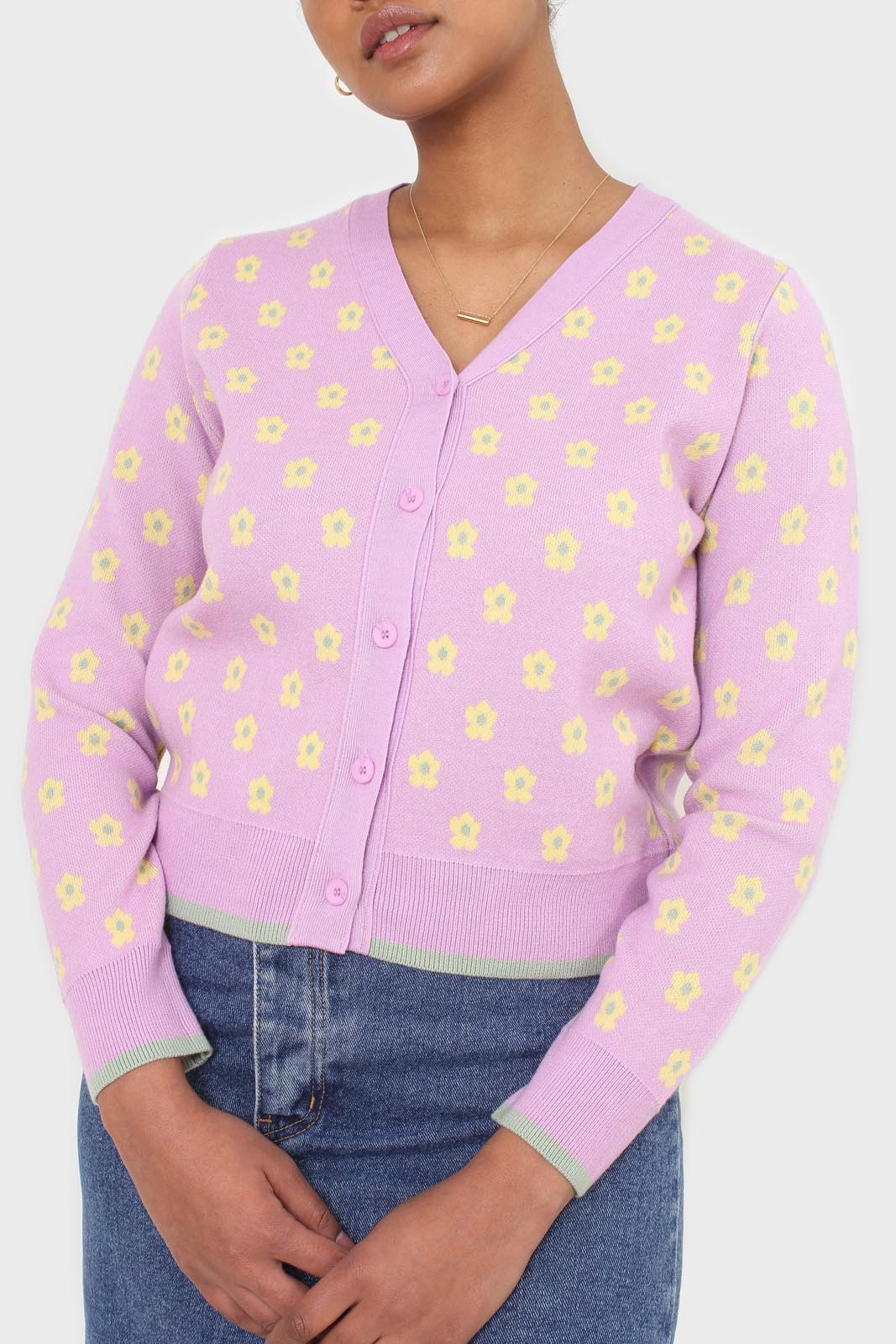 Lilac and yellow intarsia daisy cardigan_6