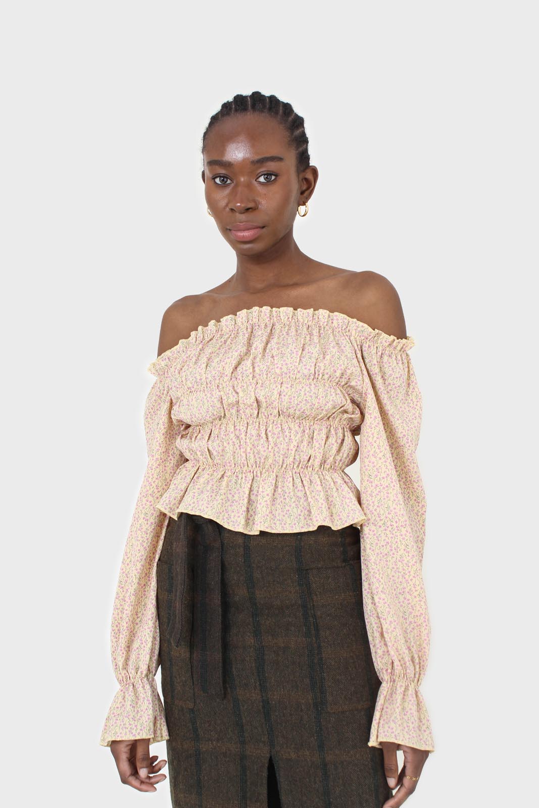 Yellow floral smocked crop blouse_1