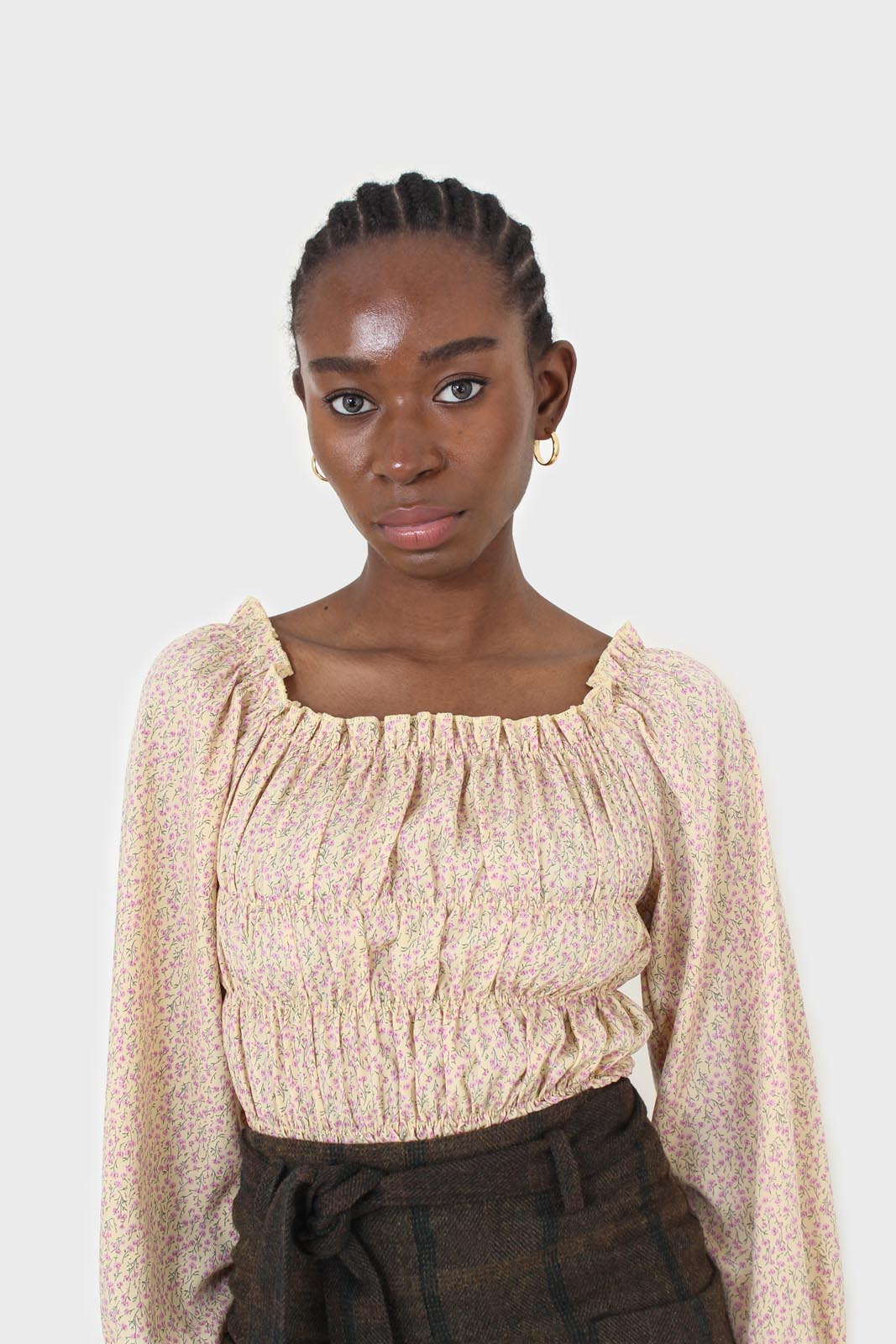 Yellow floral smocked crop blouse_6