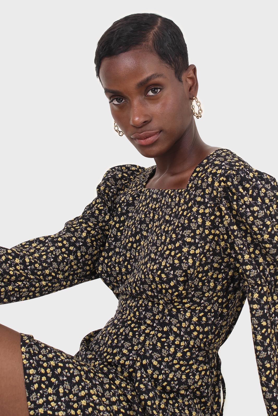 Black floral square neck dress_7