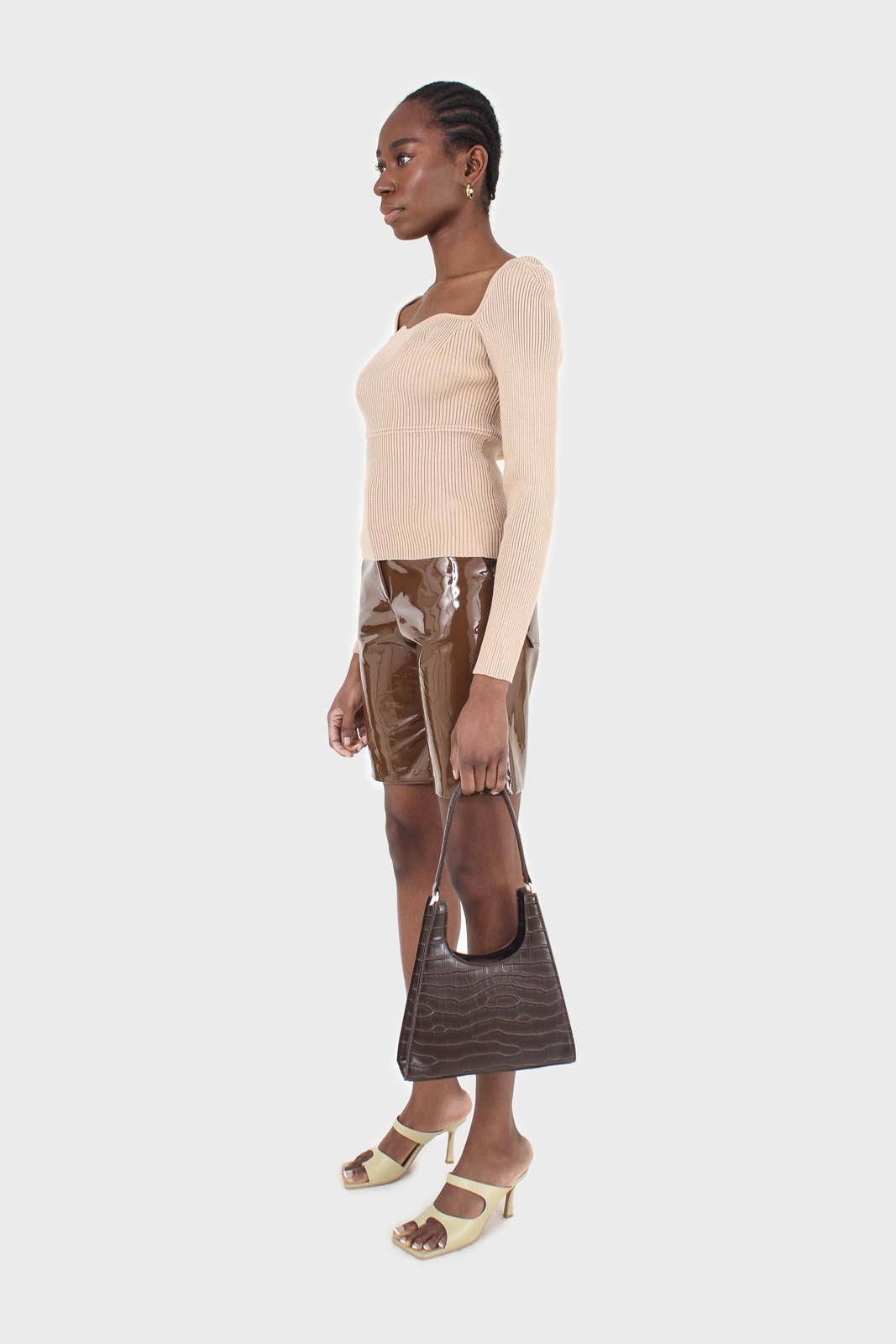 Brown glossy vegan leather shorts_5