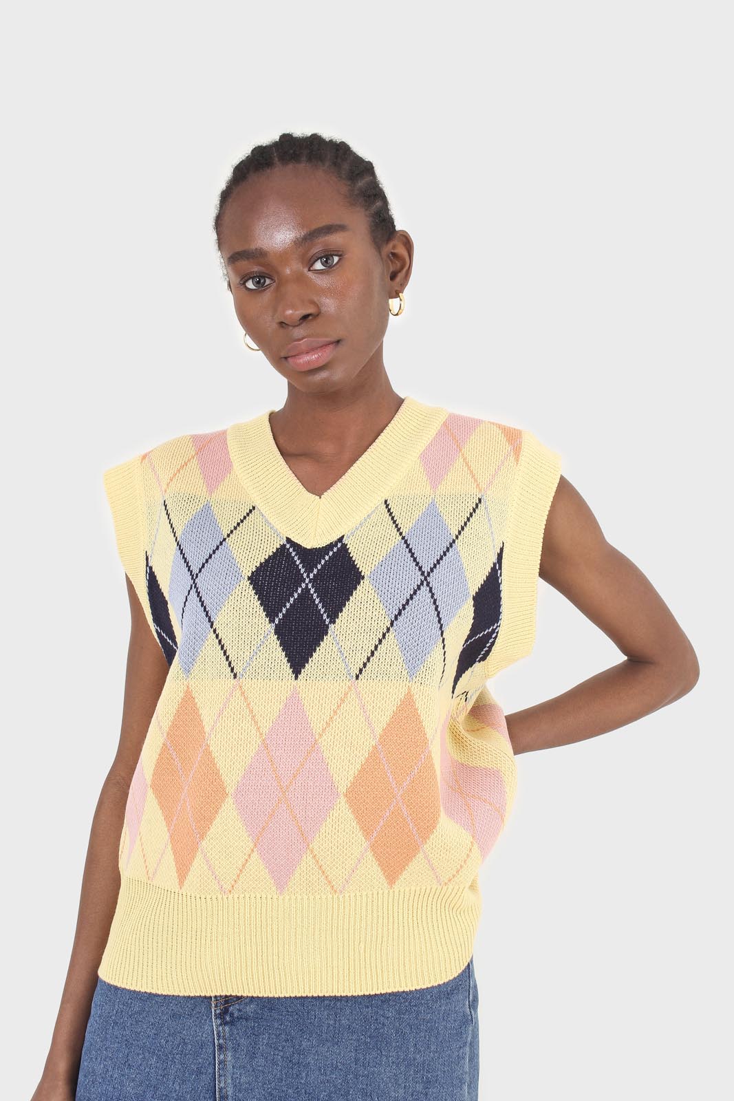 Yellow and pastel multicoloured argyle sweater vest_1