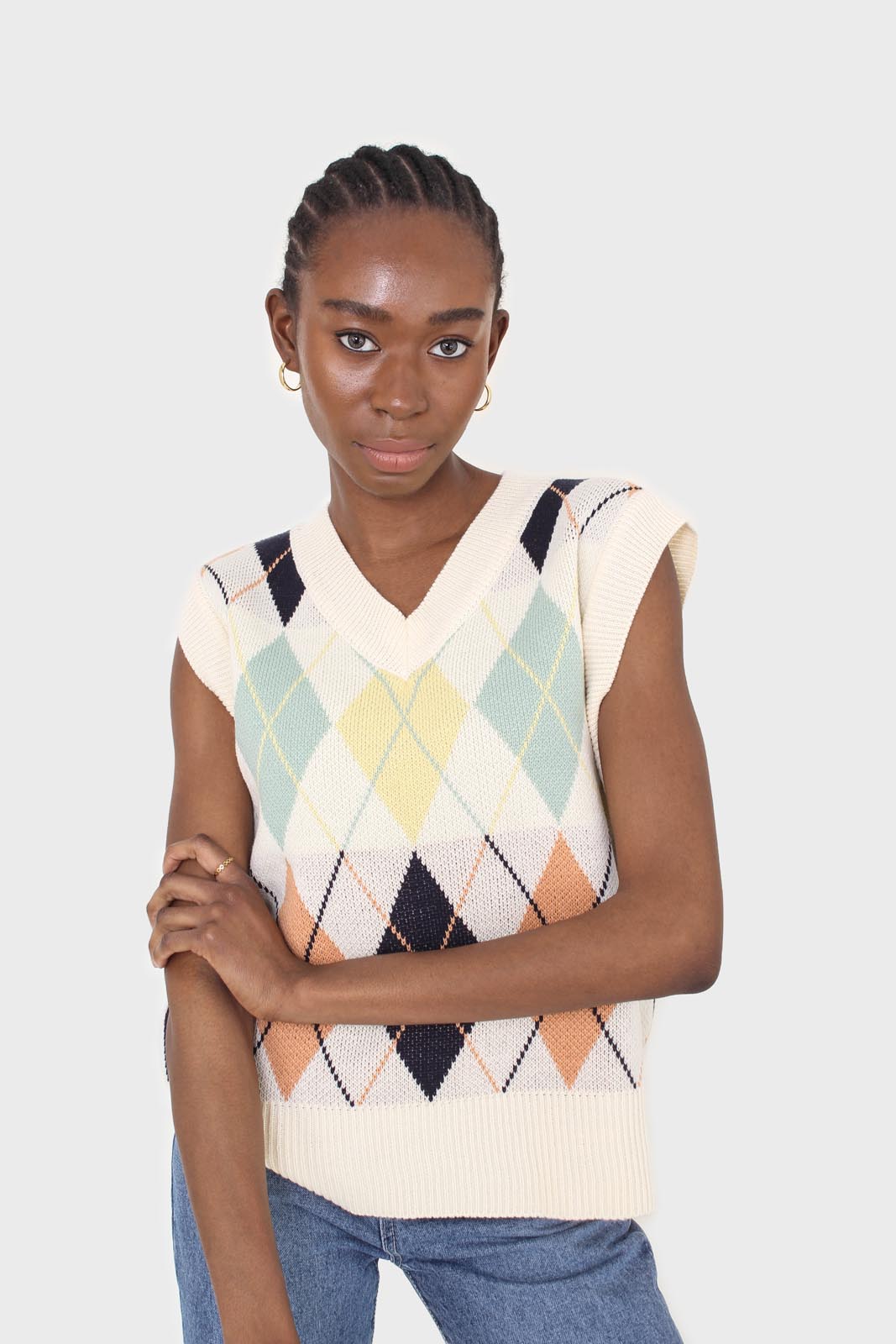 Ivory and pastel multicoloured argyle sweater vest_13