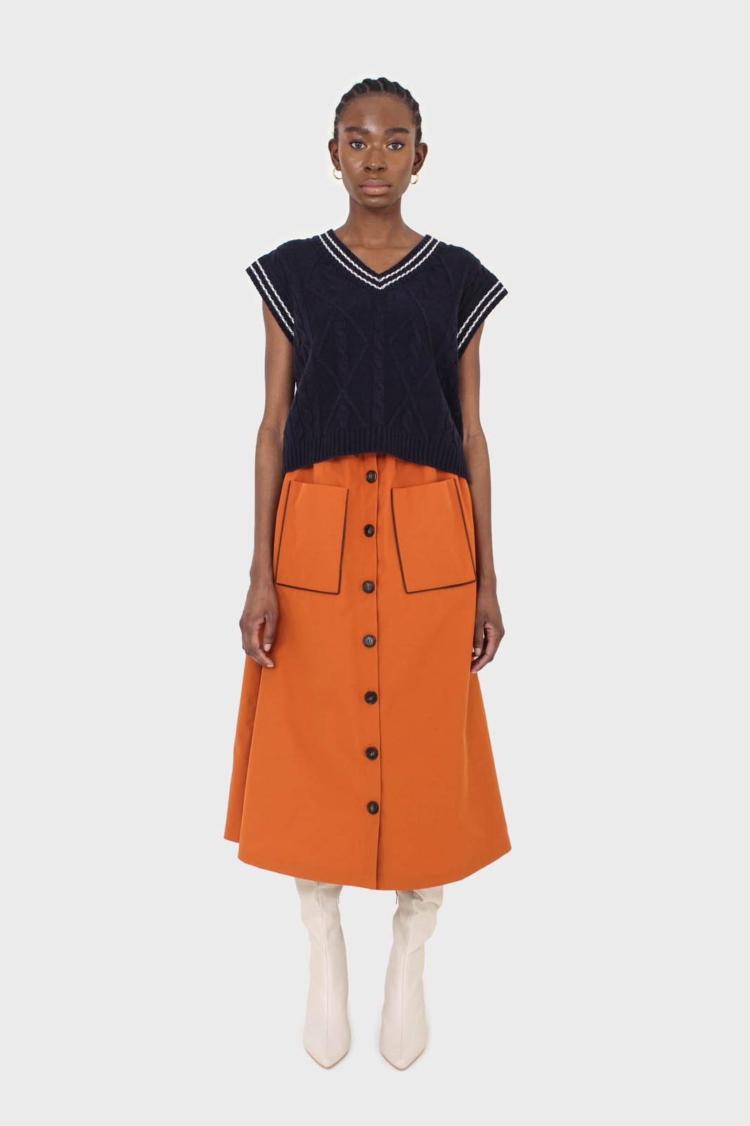 Orange button up patch pocket midi skirt_1
