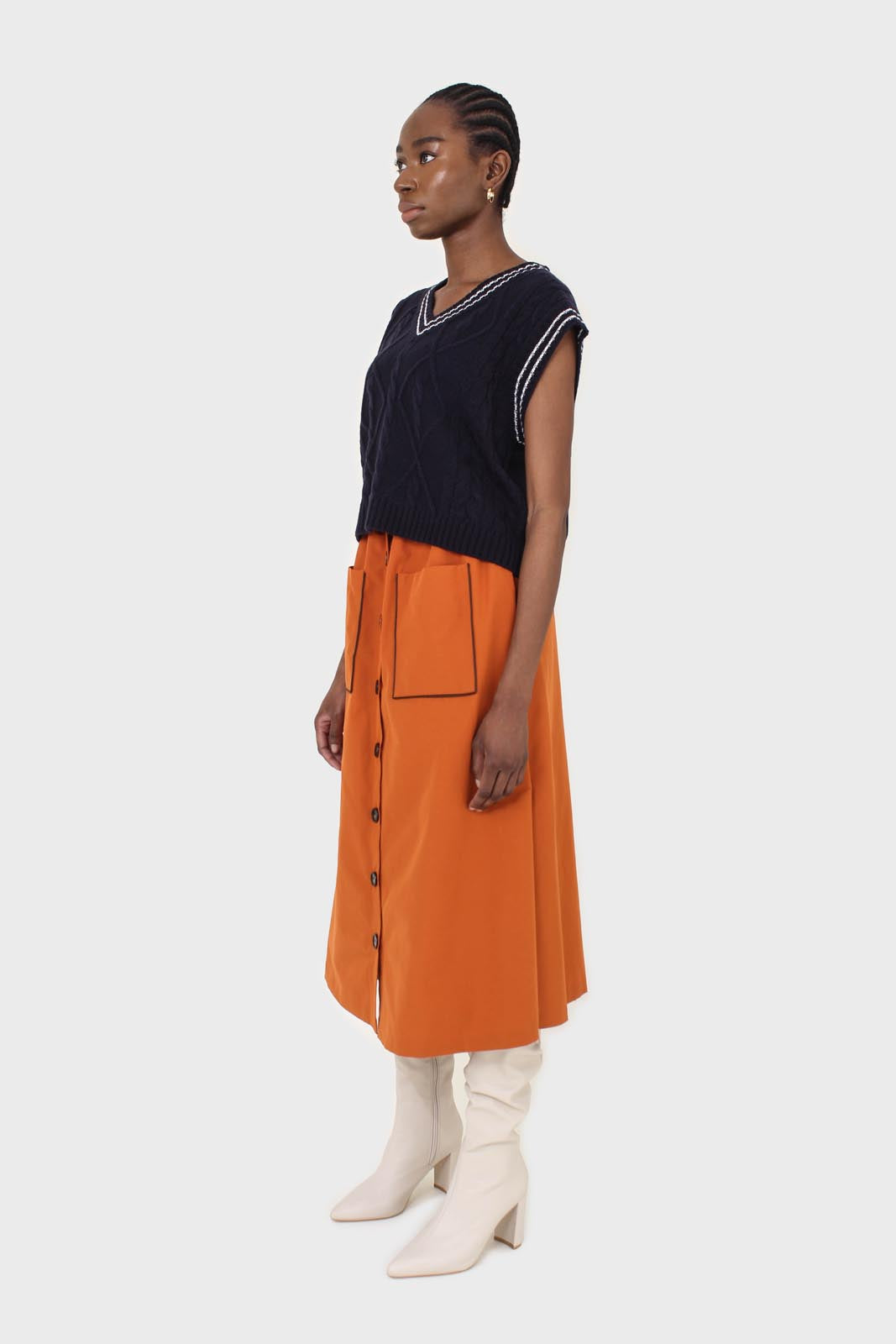 Orange button up patch pocket midi skirt_4