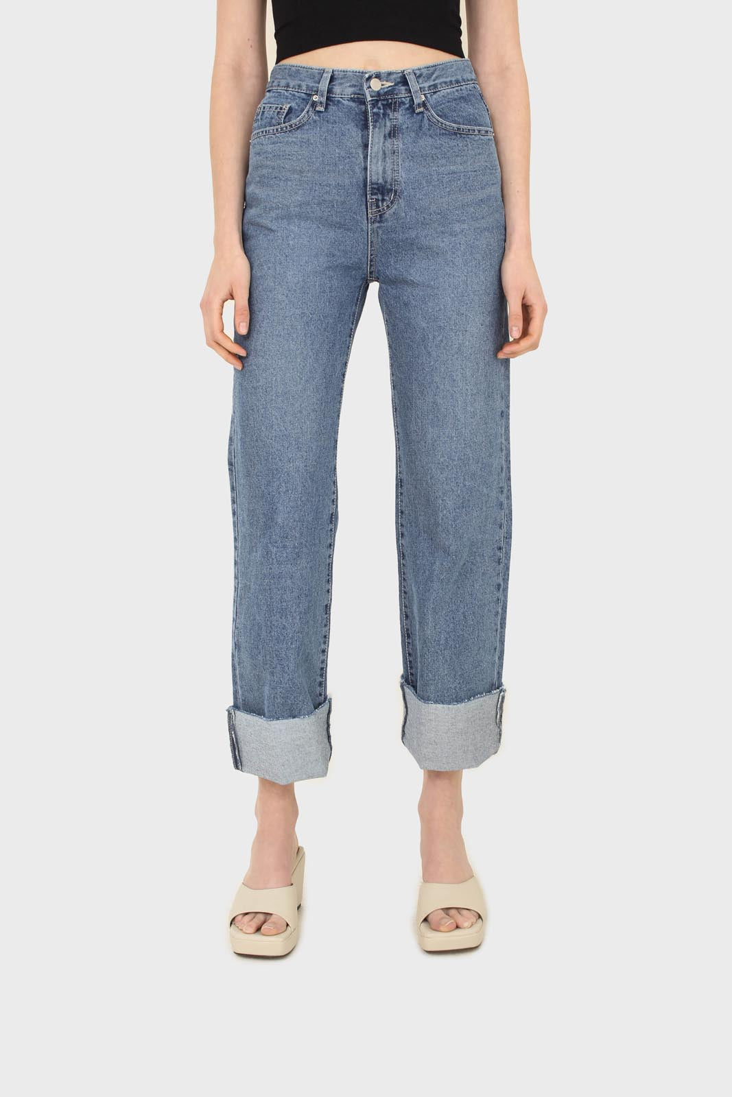 Mid blue high waisted cuffed jeans - 608_3