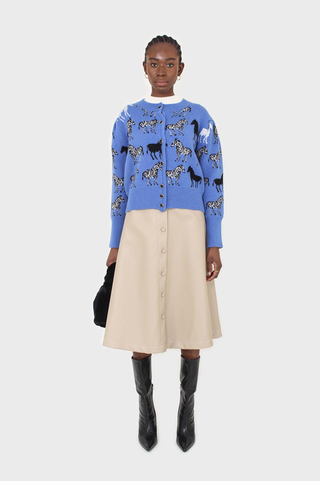 Blue zebra metal button puff sleeved cardigan_5