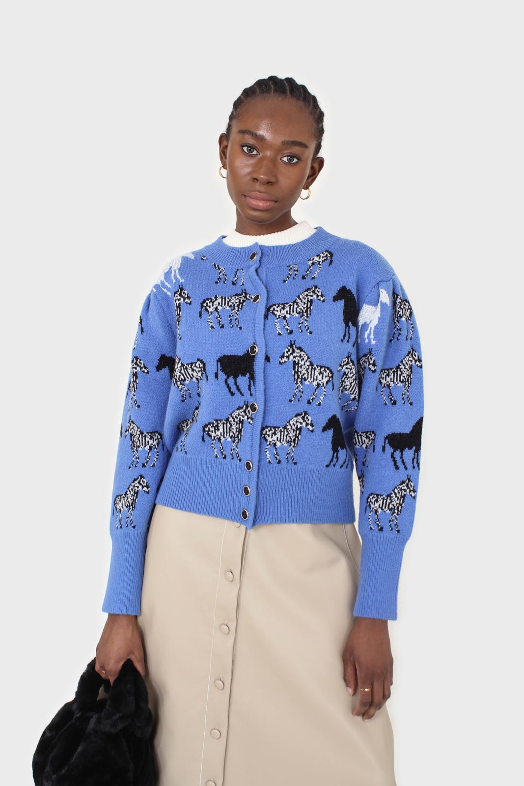 Blue zebra metal button puff sleeved cardigan_3