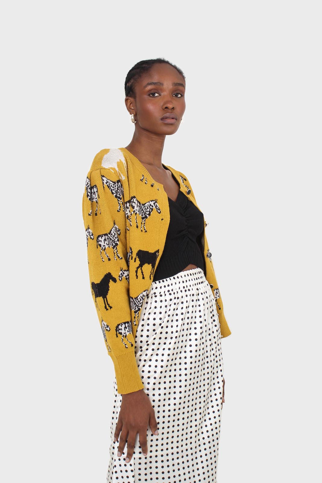 Mustard zebra metal button puff sleeved cardigan_11