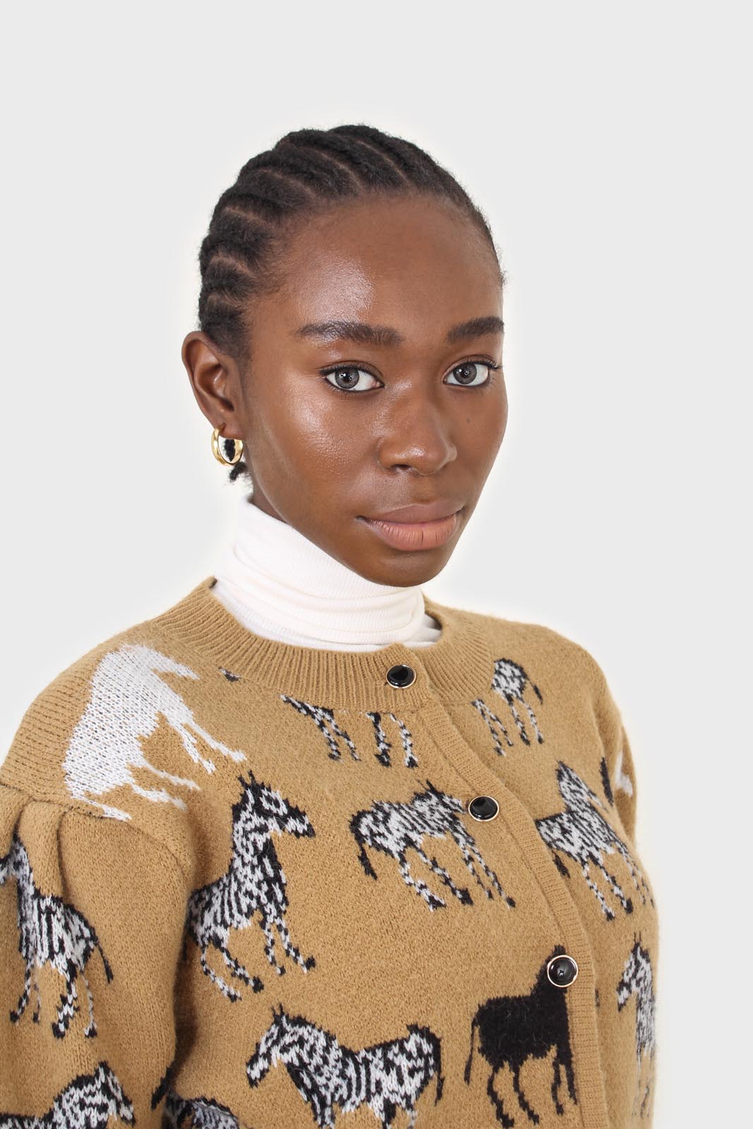 Beige zebra metal button puff sleeved cardigan_10