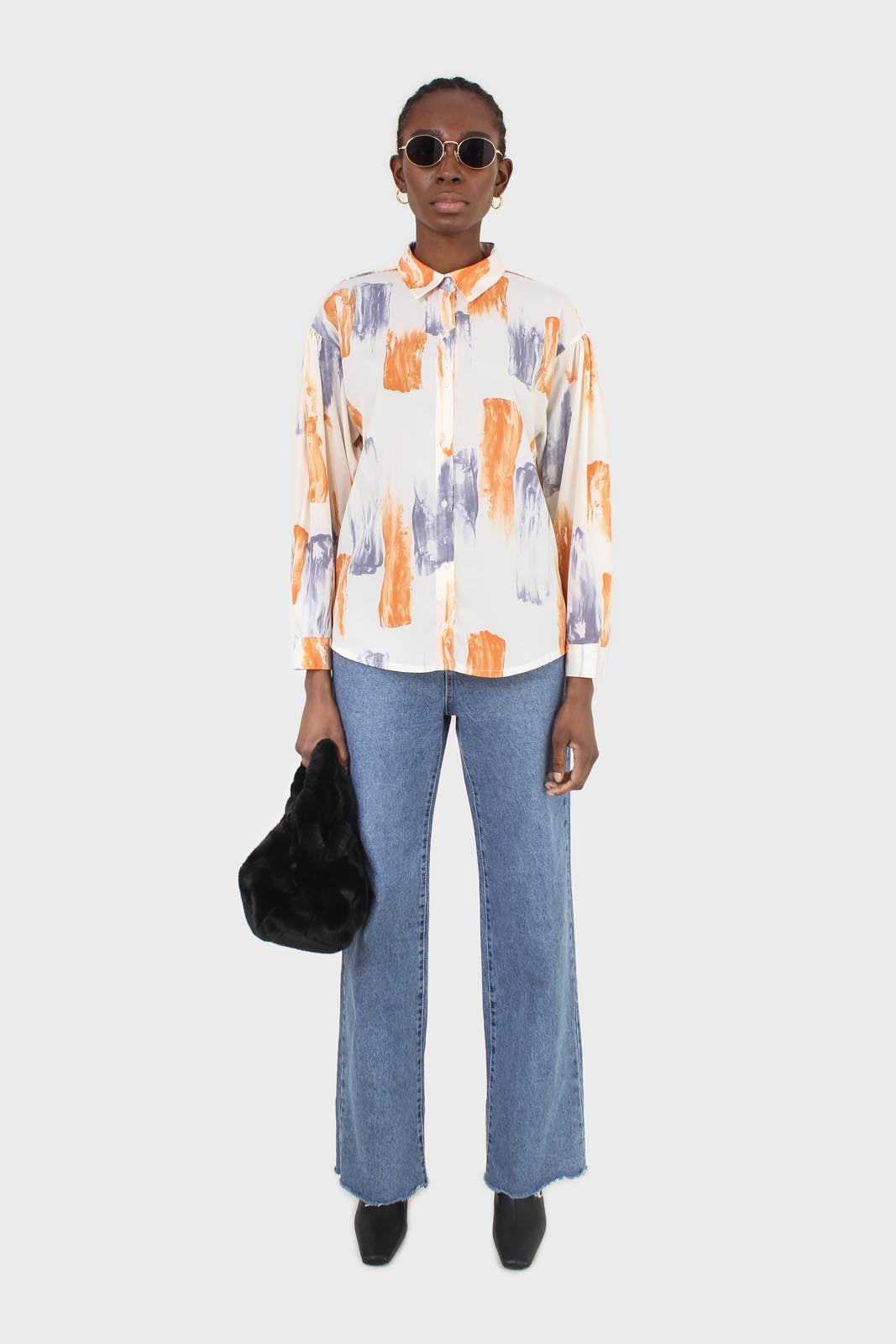 Ivory and orange water color print shirt blouse_2