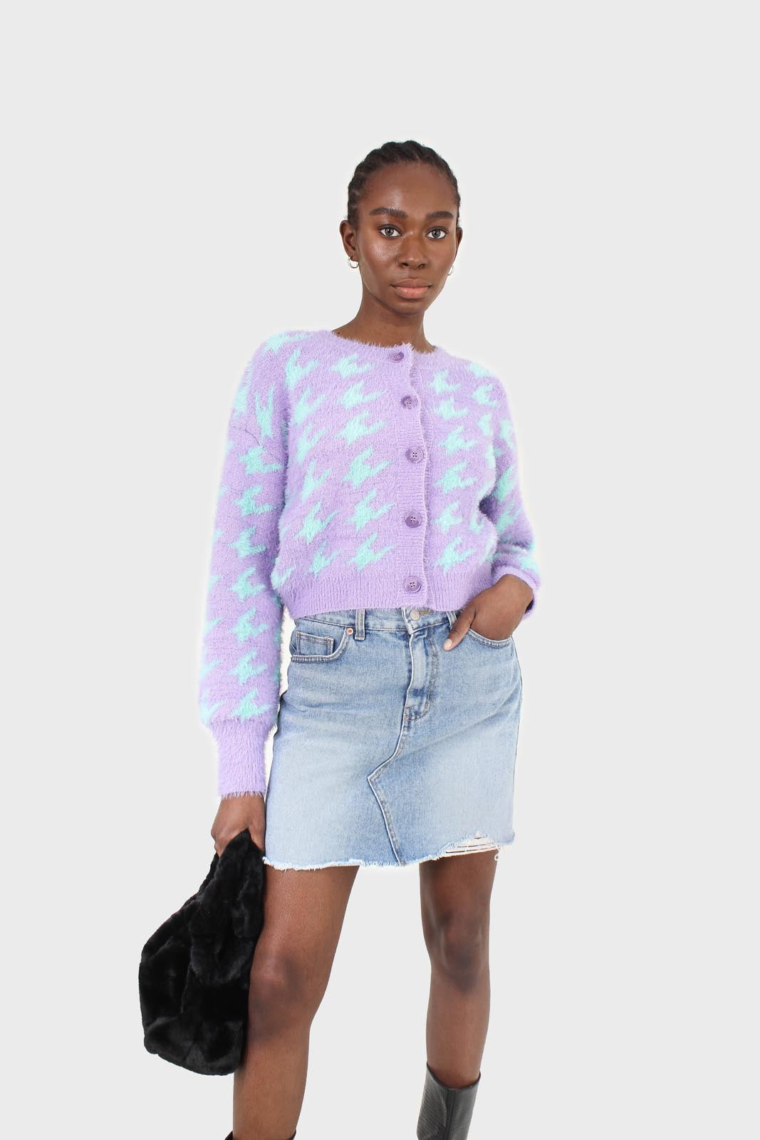 Violet and mint houndstooth fuzzy cardigan_9