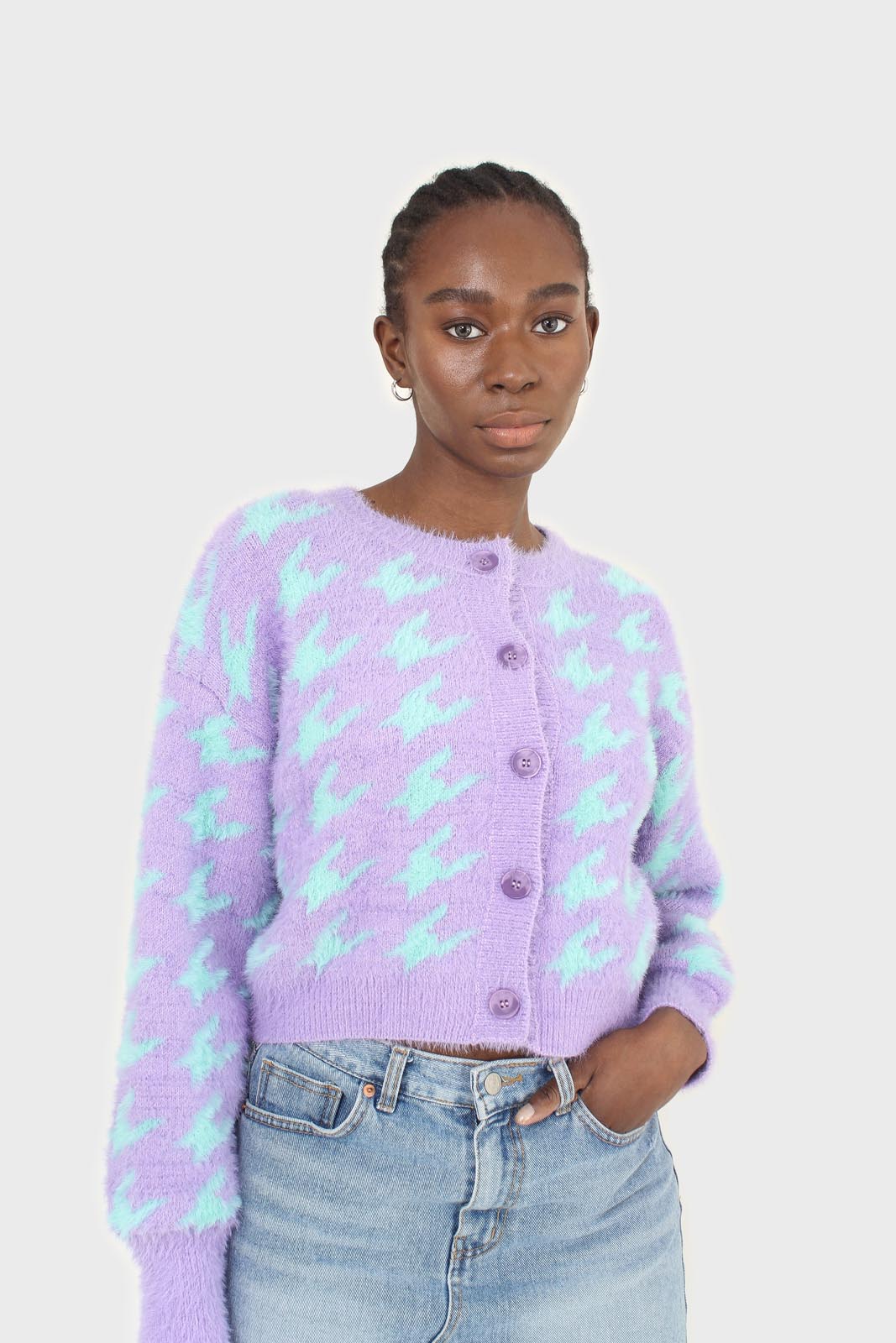 Violet and mint houndstooth fuzzy cardigan_7