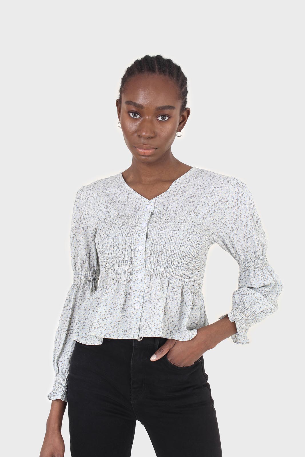 Pale blue tiny floral smocked blouse_1