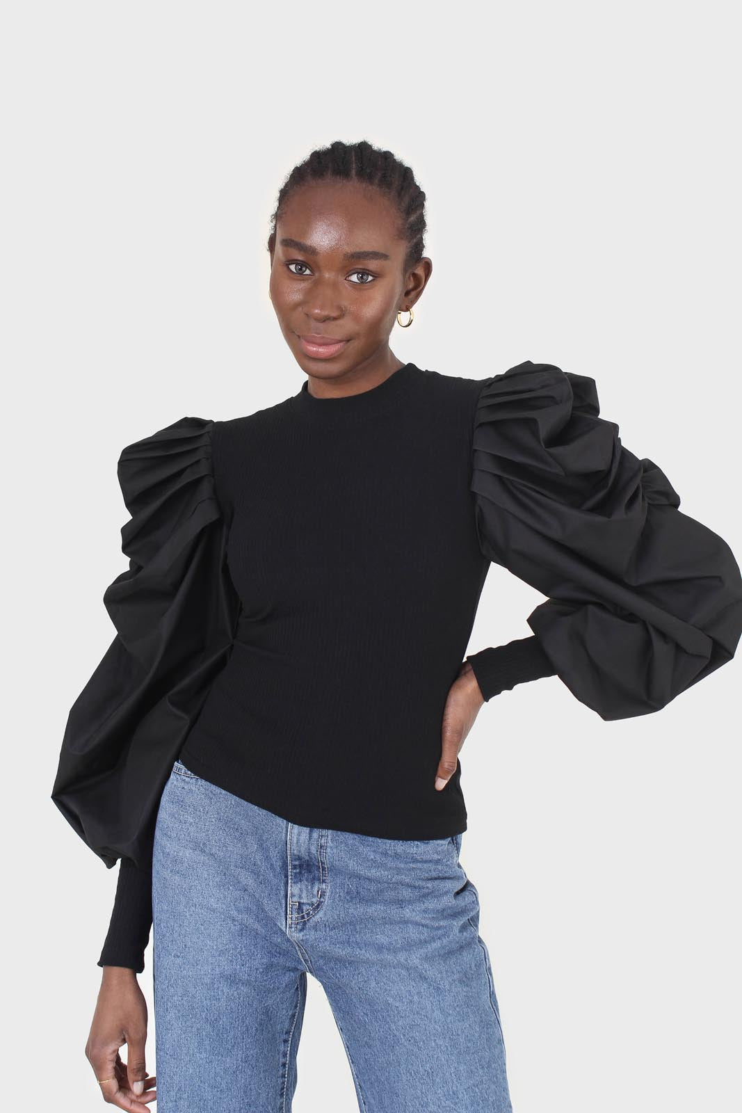 Black knit contrast puff sleeve top_6