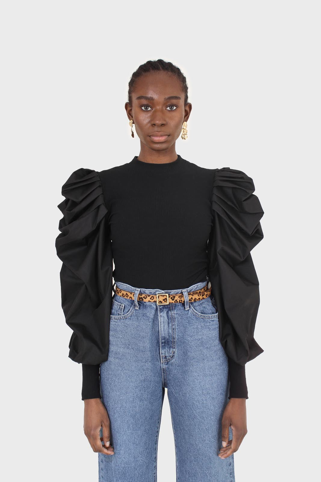 Black knit contrast puff sleeve top_5