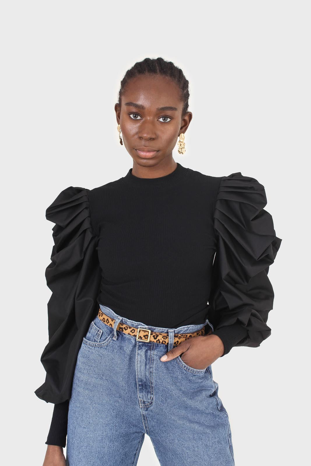 Black knit contrast puff sleeve top_7