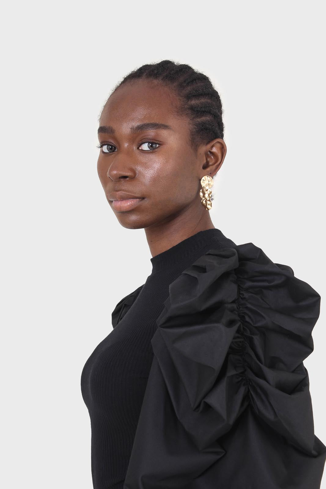 Black knit contrast puff sleeve top_3