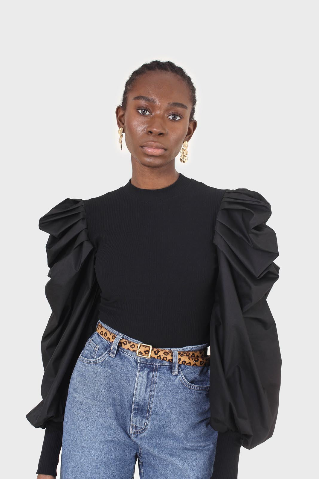 Black knit contrast puff sleeve top_8