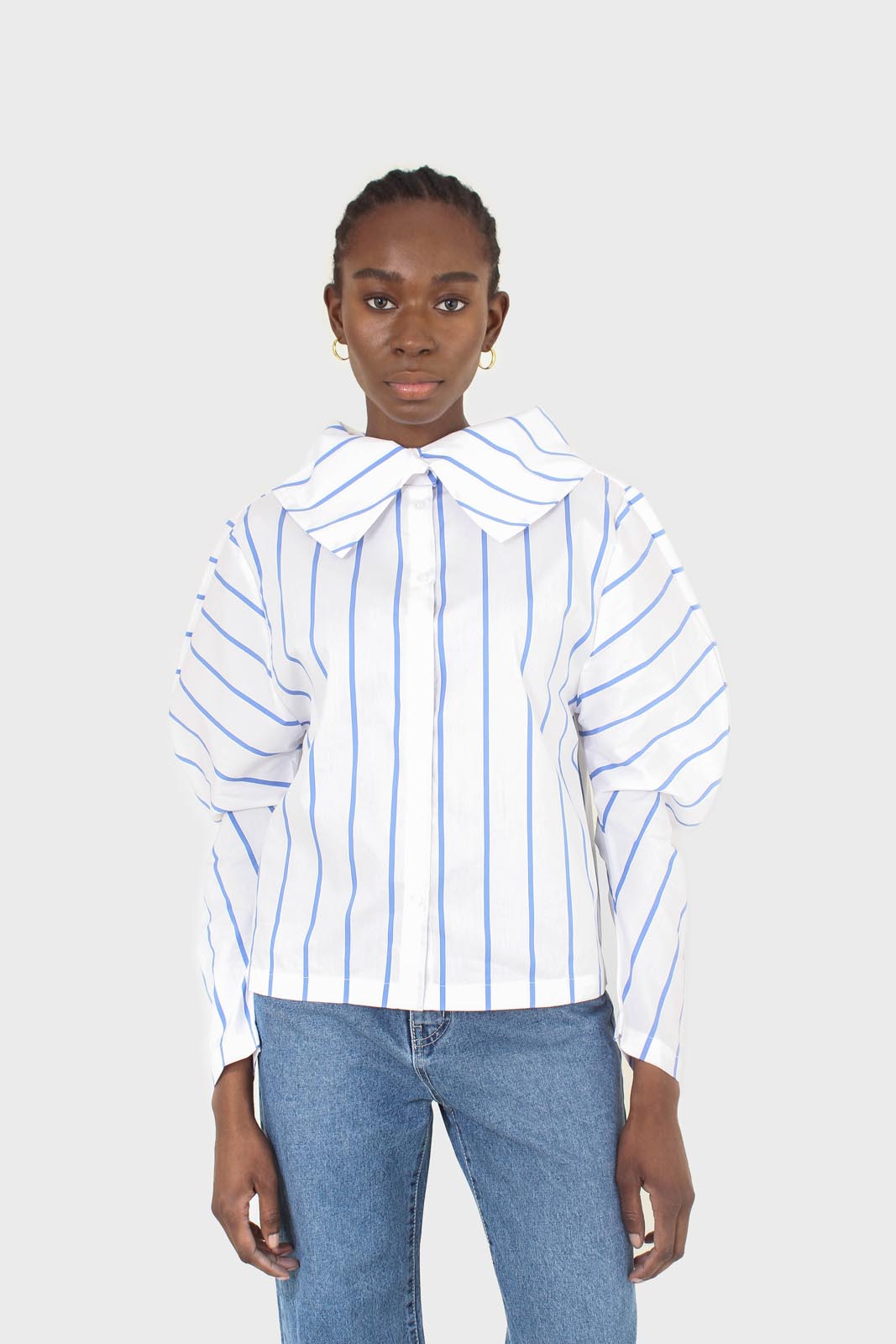 White and blue striped large sleeve blouse_5
