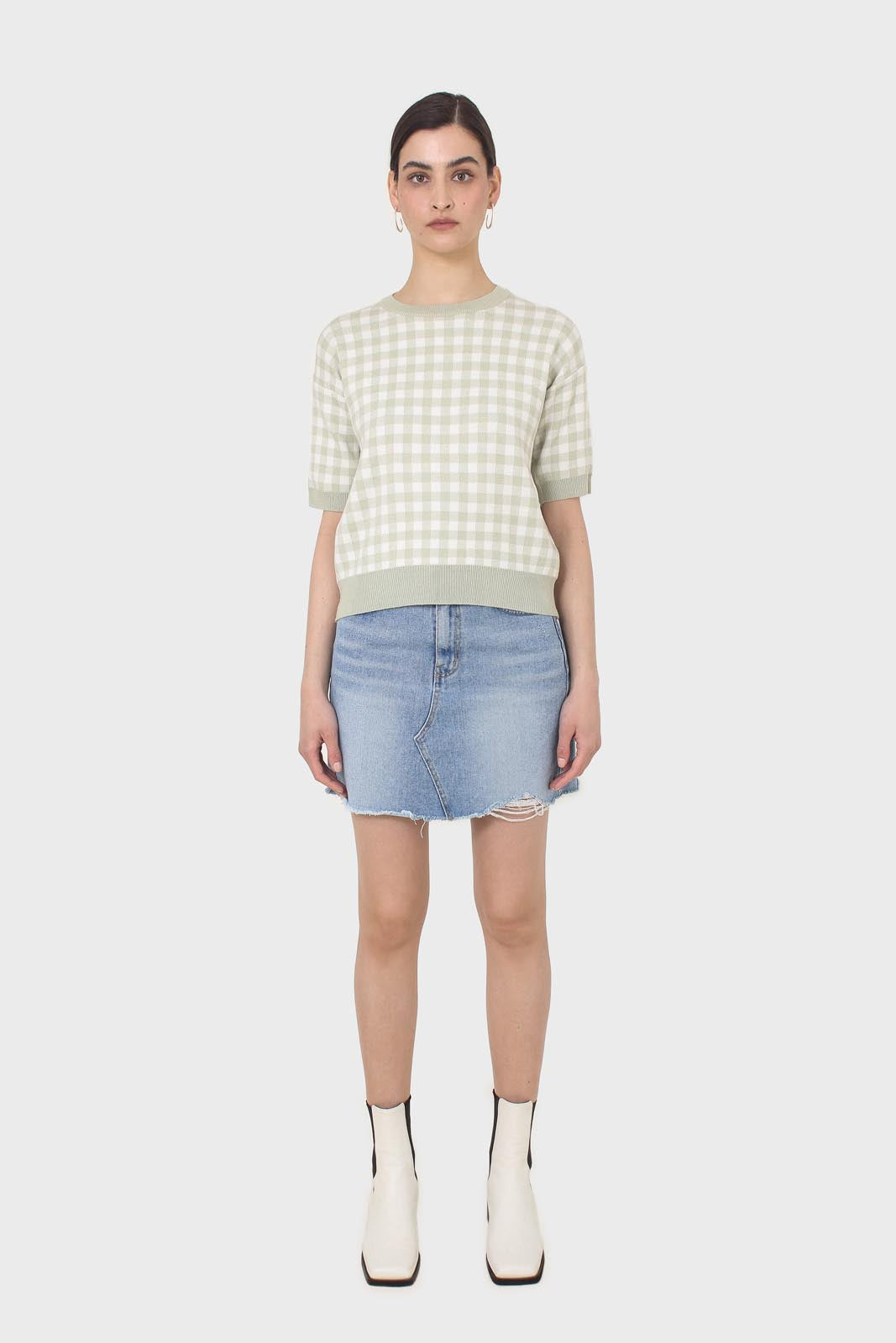 Green and ivory gingham check knit top_3