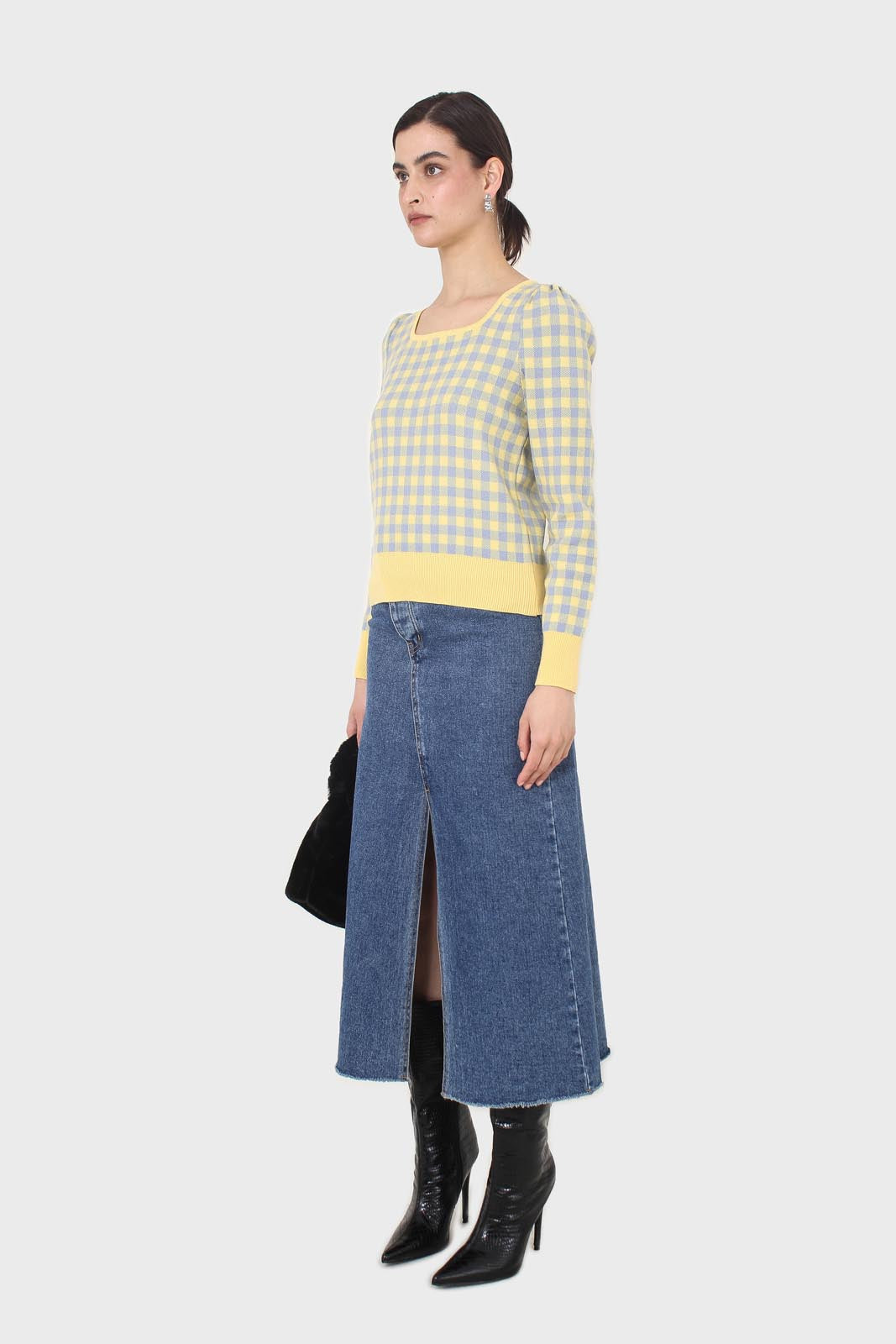 Yellow and blue checked knit top_3