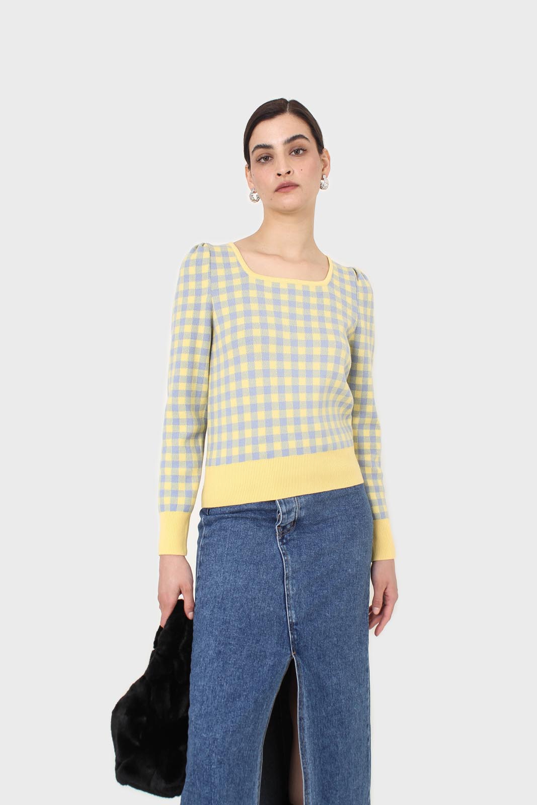 Yellow and blue checked knit top_6
