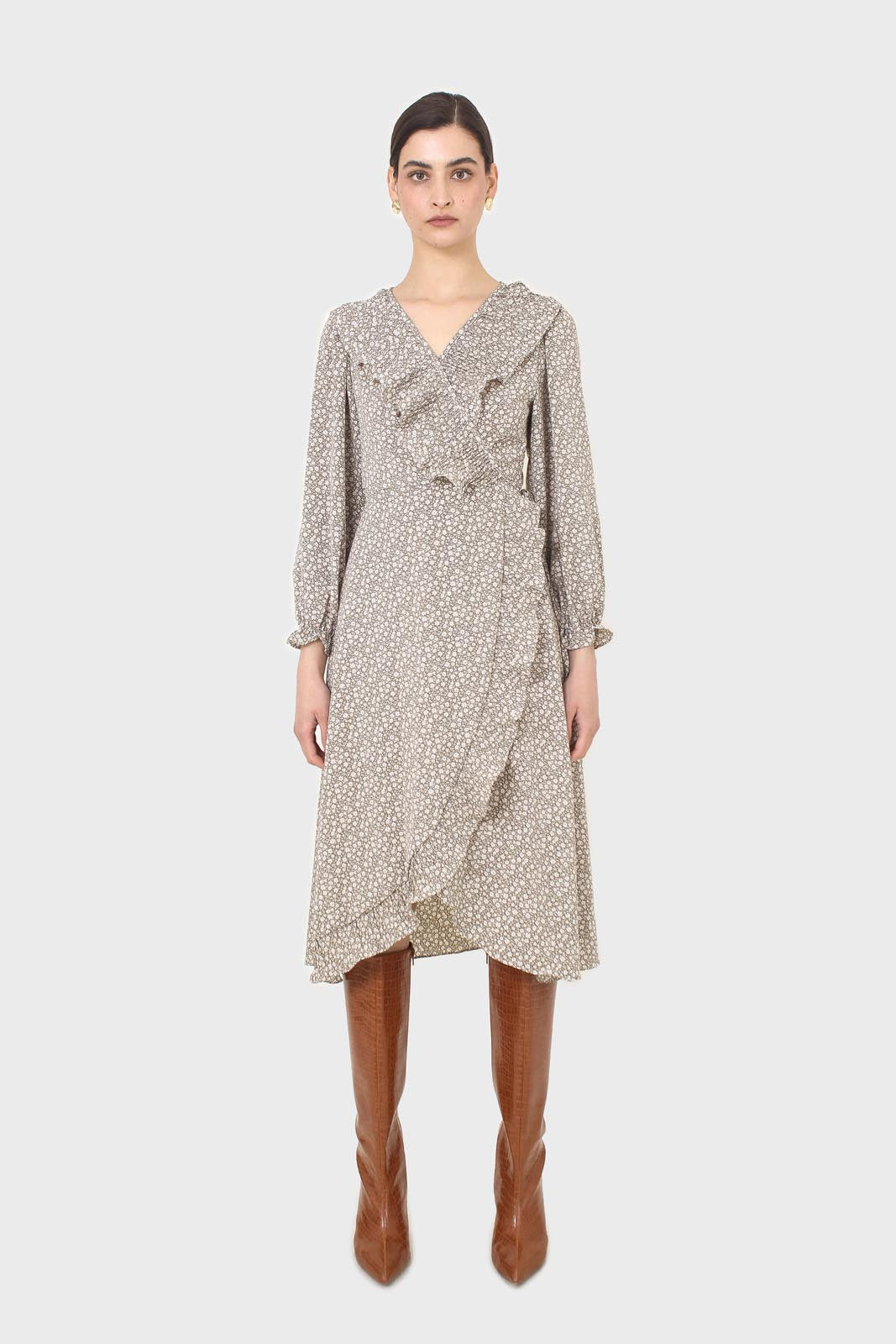 Ditsy floral print pleated ruffle V neck dress_2