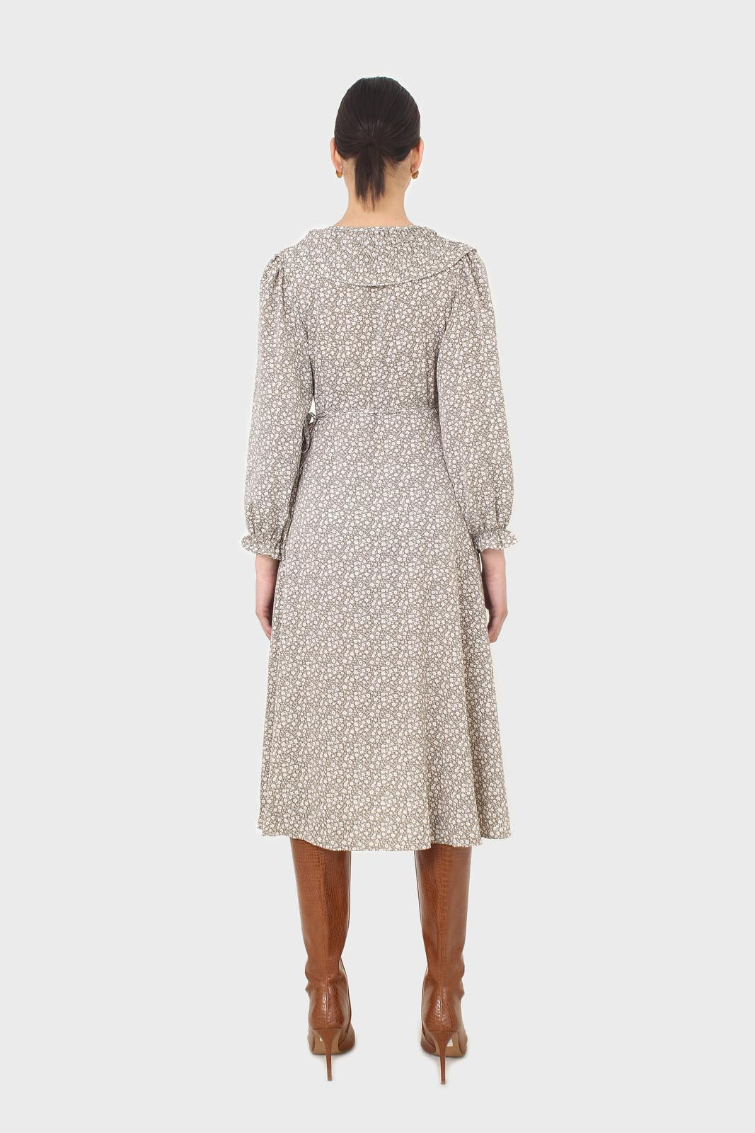 Ditsy floral print pleated ruffle V neck dress_3