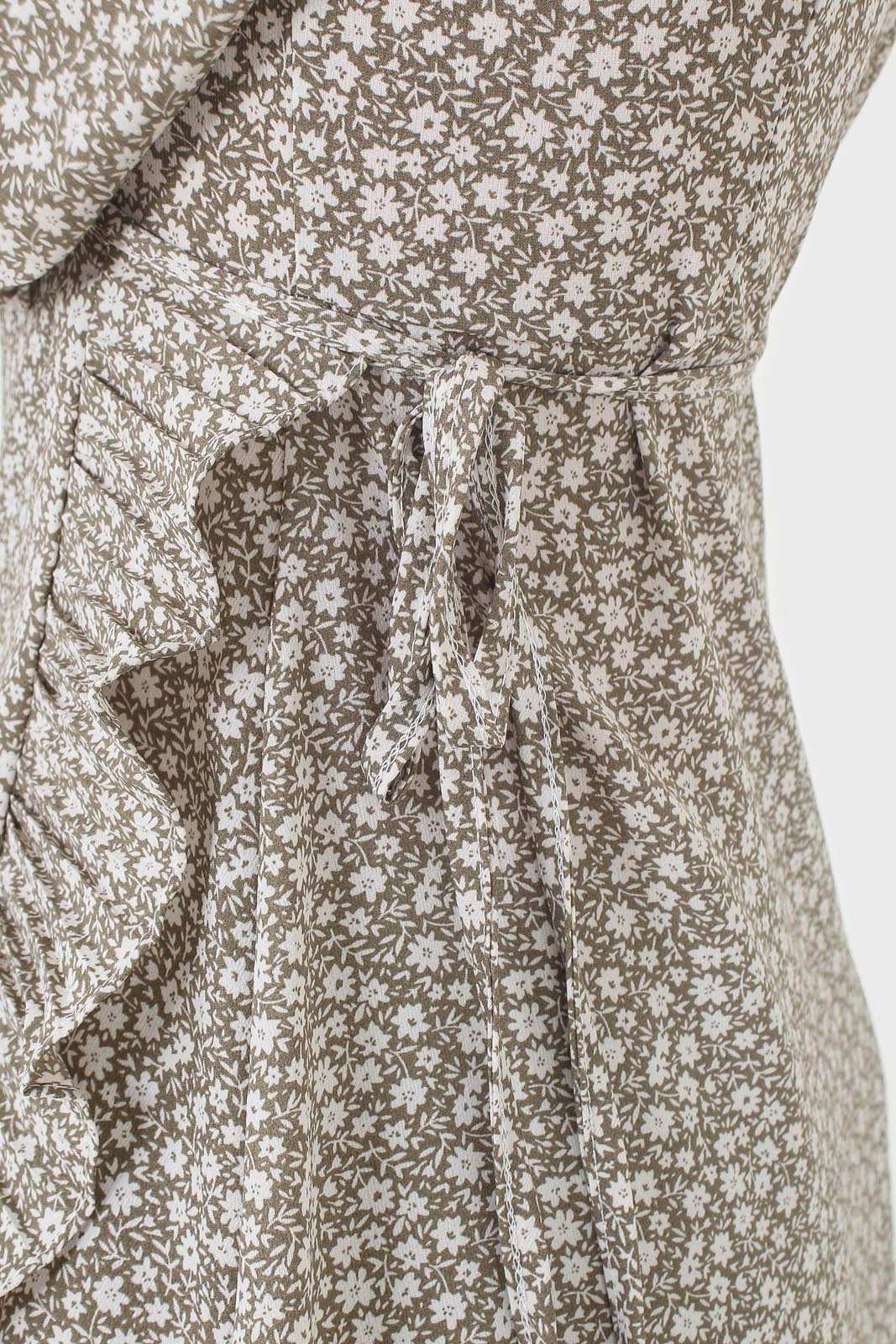 Ditsy floral print pleated ruffle V neck dress_8