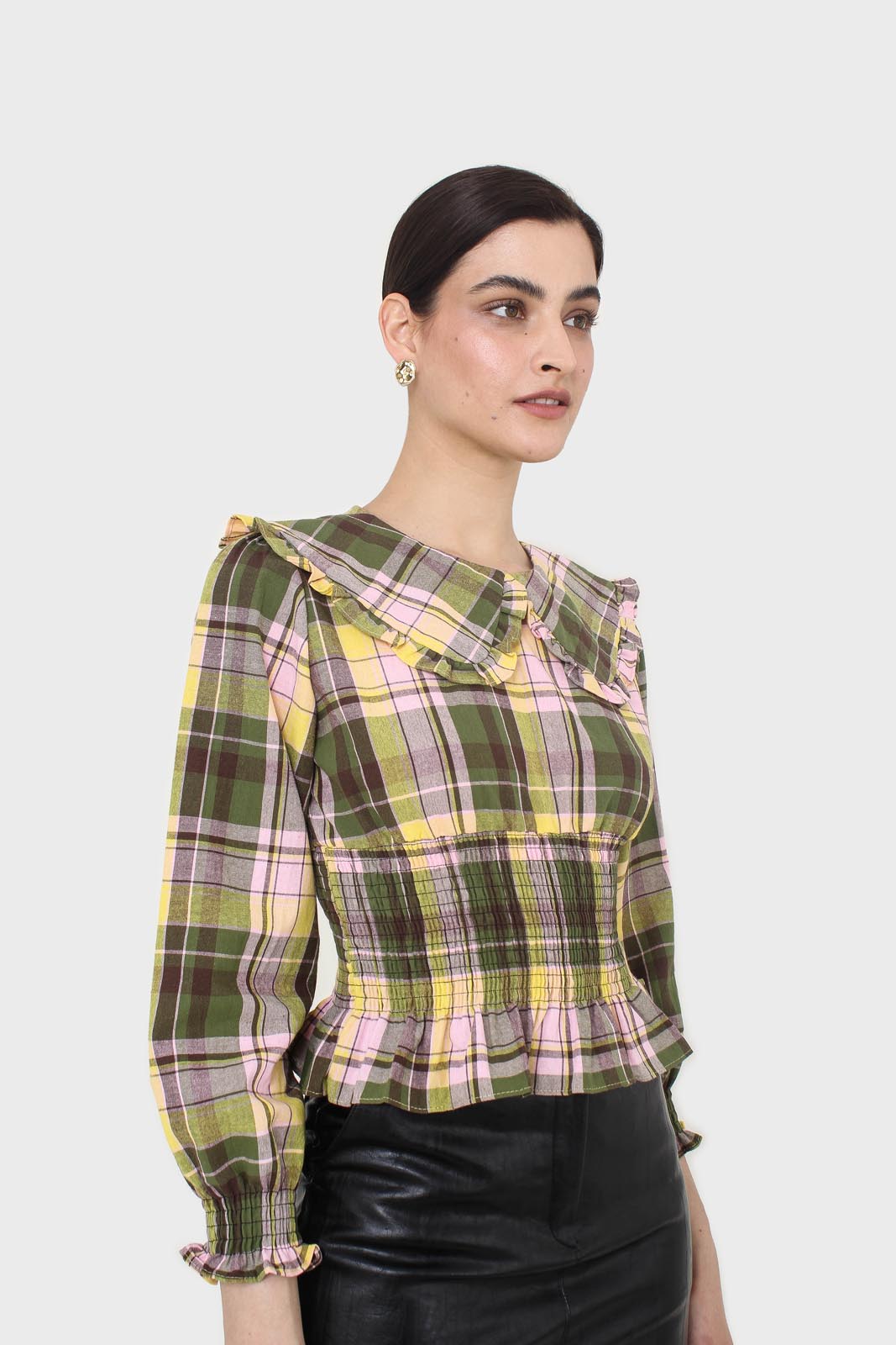 Lilac and green checked large collar blouse_4