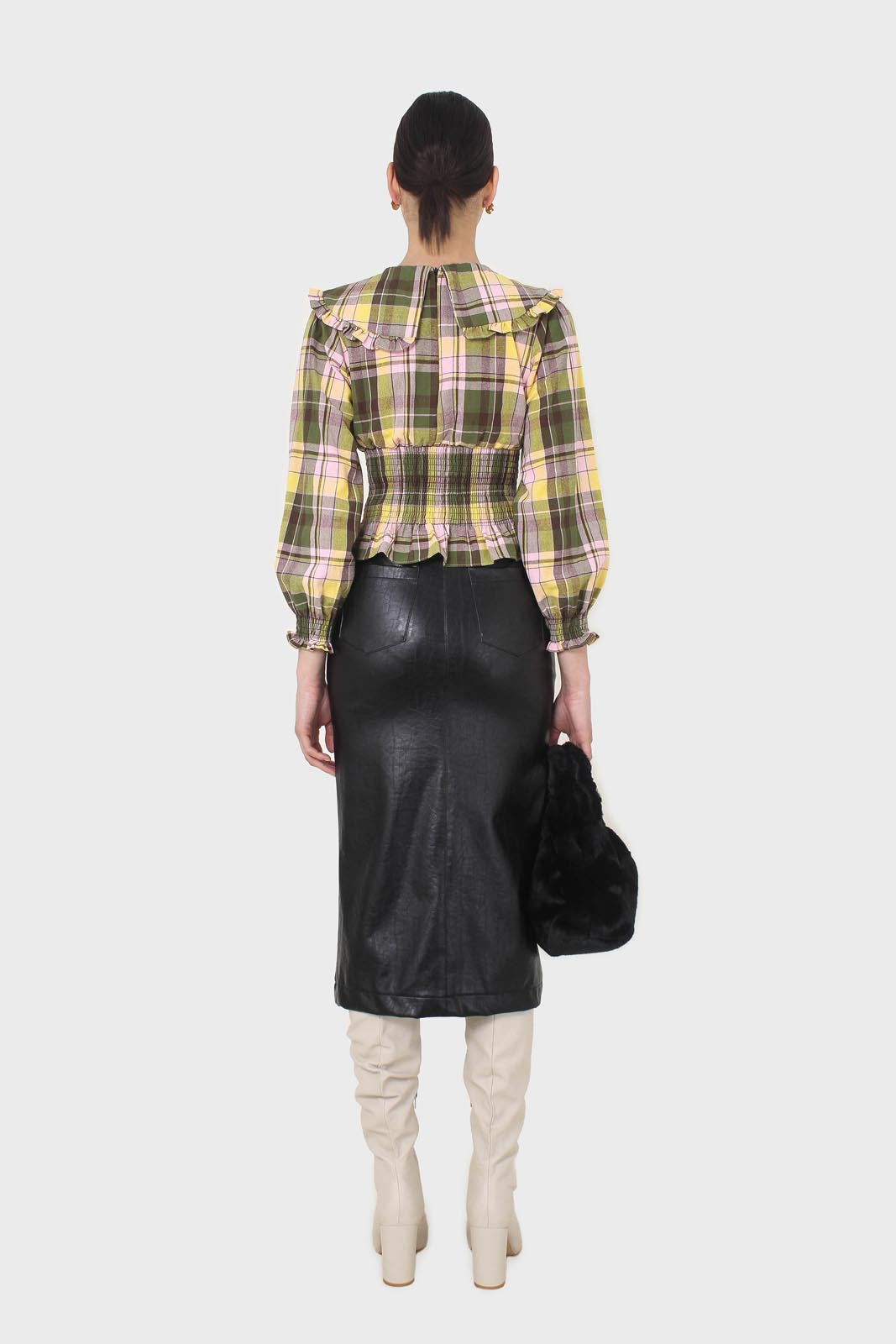 Lilac and green checked large collar blouse_8